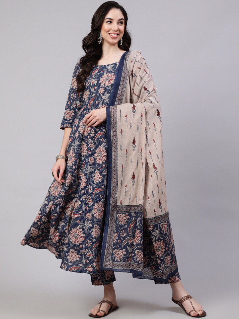 Women’s Blue Floral Printed Anarkali Kurta Set with Pant & Contrast Dupatta | Elegant Ethnic Wear | 3/4 Sleeve Flared Kurti | Soft Fabric Festive, Office & Casual Wear
