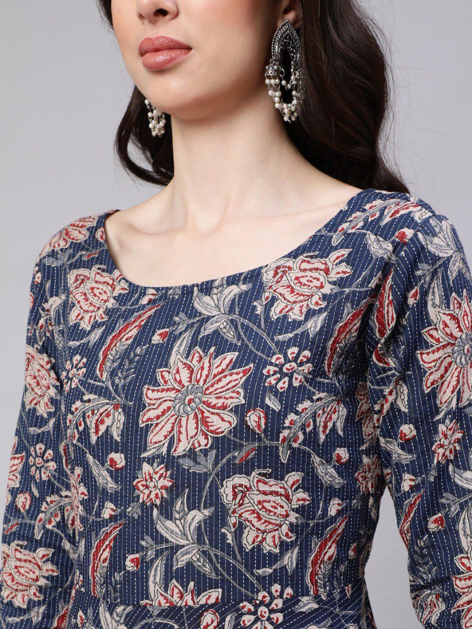 Women’s Blue Floral Printed Anarkali Kurta Set with Pant & Contrast Dupatta | Elegant Ethnic Wear | 3/4 Sleeve Flared Kurti | Soft Fabric Festive, Office & Casual Wear