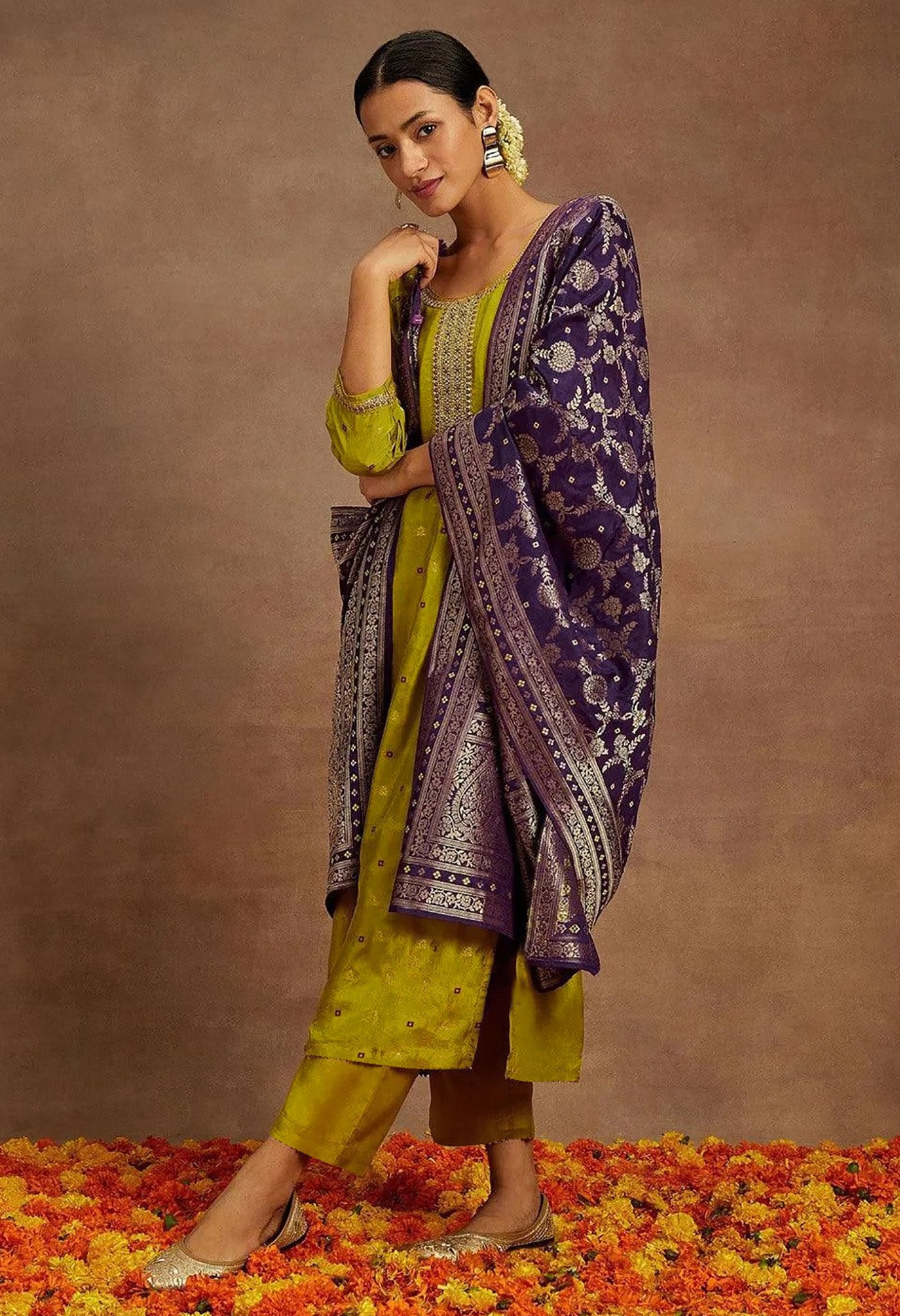 Women Mustard Yellow Kurta Pant Set with Purple Jacquard Dupatta