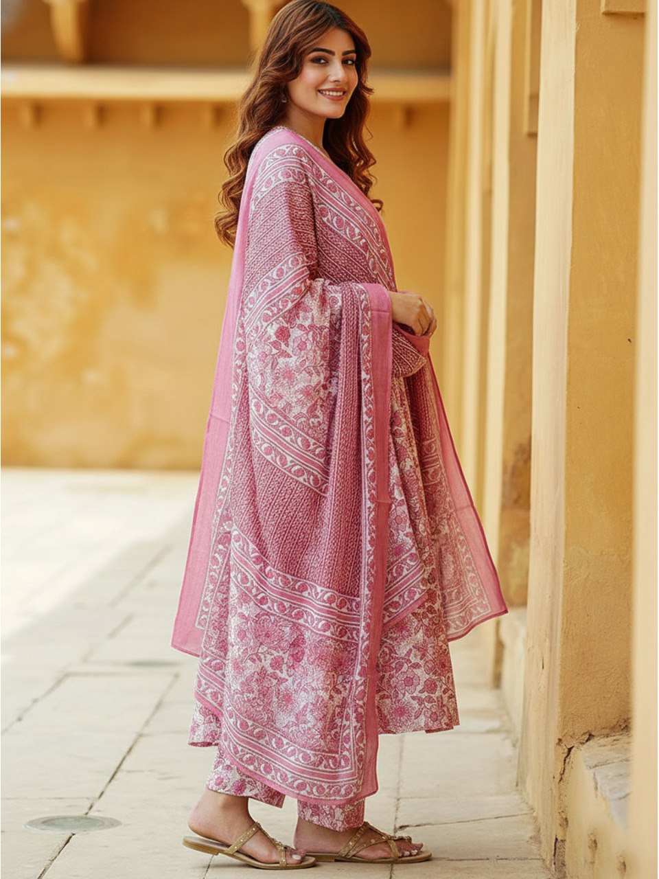 Women’s Pink Floral Printed Anarkali Kurta Set with Pant & Dupatta | Elegant Ethnic Wear | 3/4 Sleeve Flared Kurti | Soft Fabric Festive & Casual Wear for Women