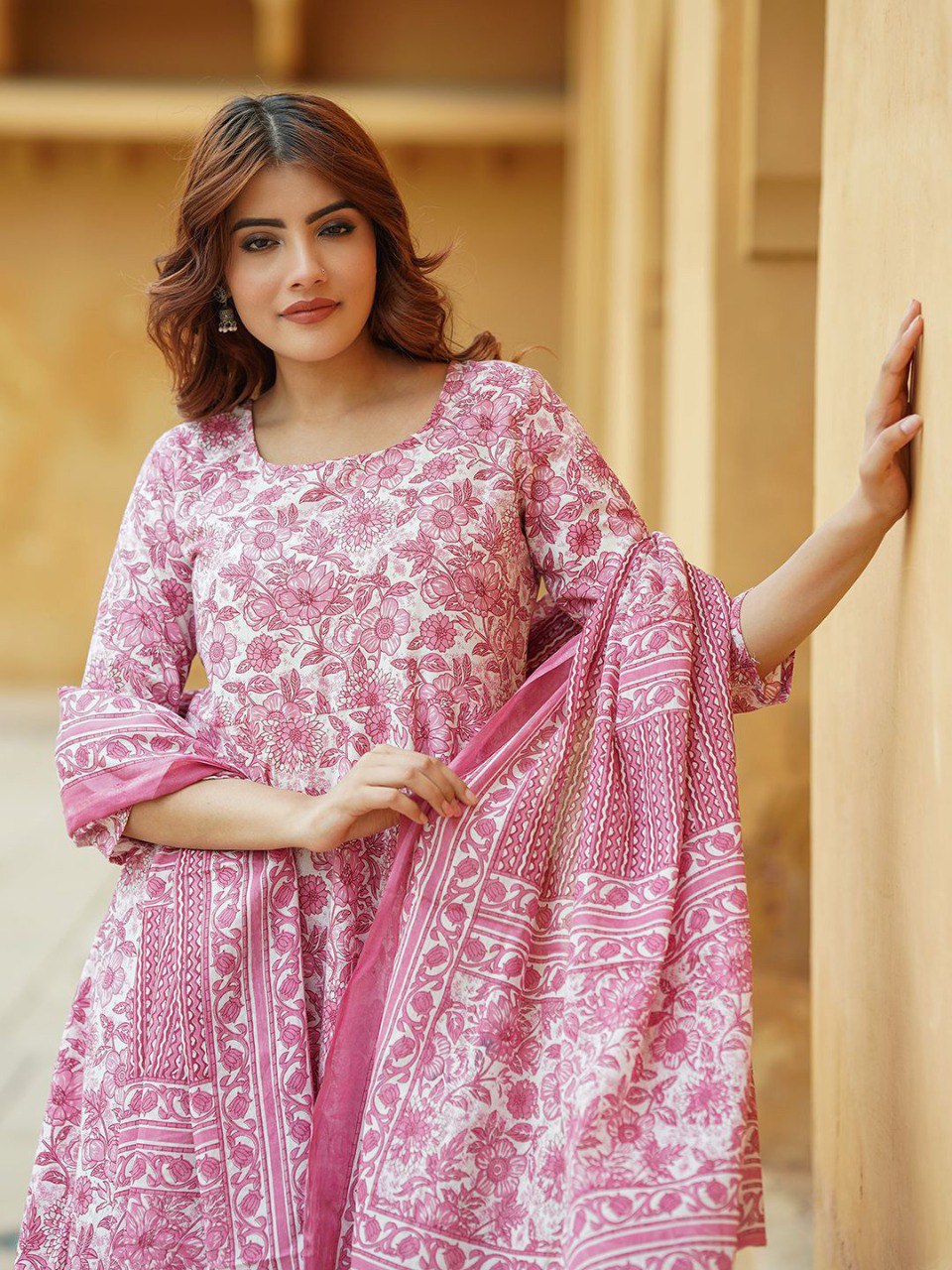 Women’s Pink Floral Printed Anarkali Kurta Set with Pant & Dupatta | Elegant Ethnic Wear | 3/4 Sleeve Flared Kurti | Soft Fabric Festive & Casual Wear for Women