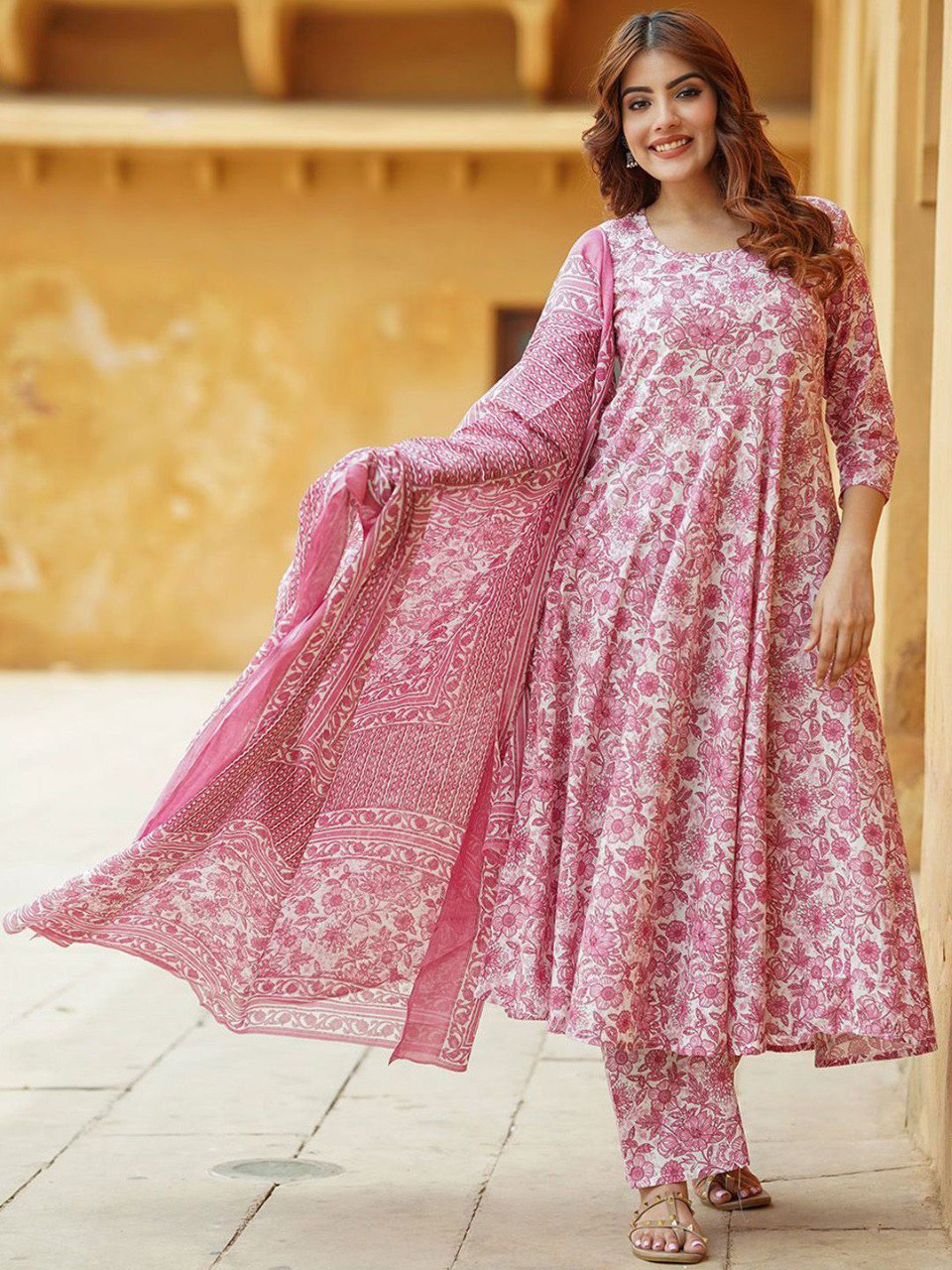 Women’s Pink Floral Printed Anarkali Kurta Set with Pant & Dupatta | Elegant Ethnic Wear | 3/4 Sleeve Flared Kurti | Soft Fabric Festive & Casual Wear for Women