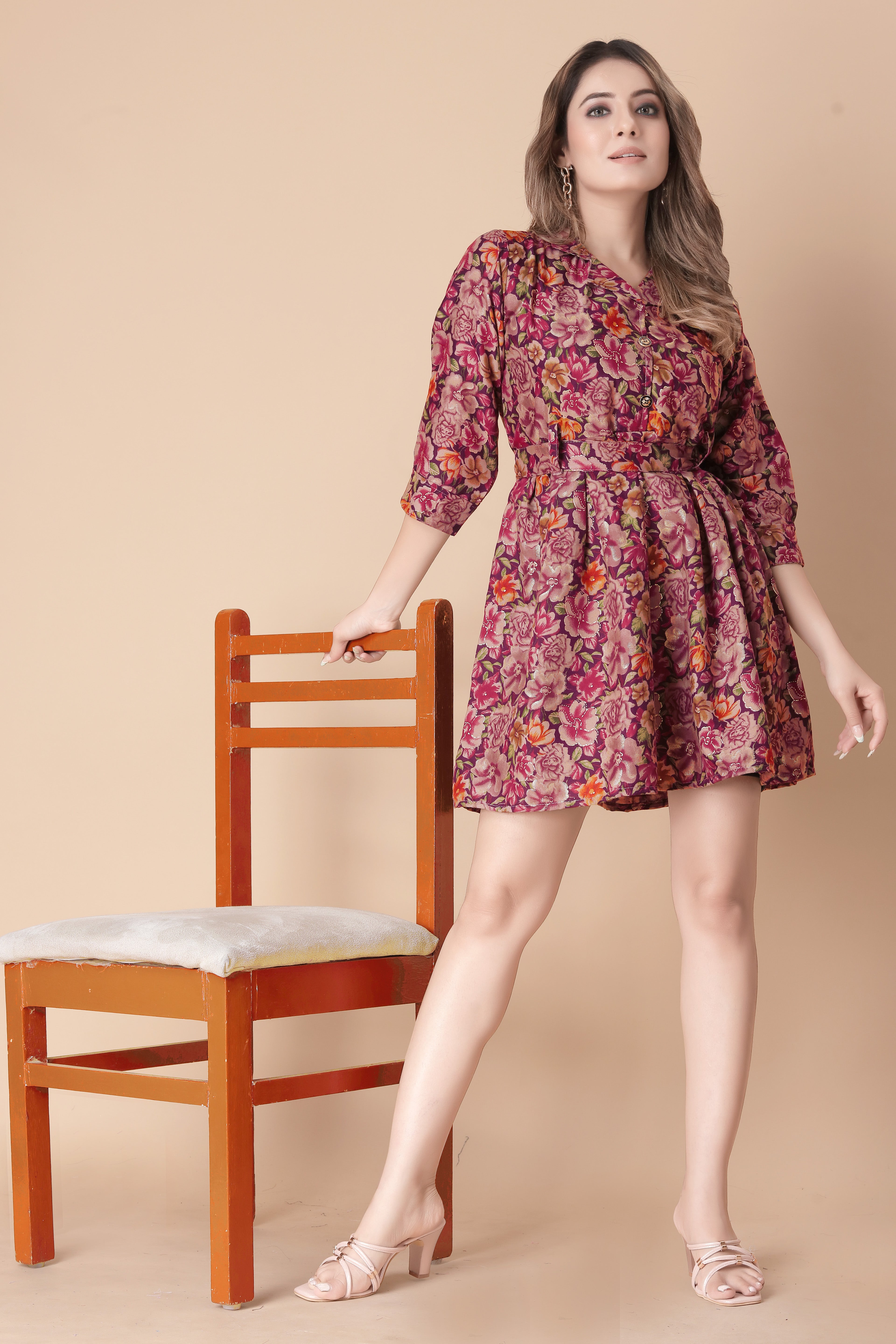 Women Maroon Floral Printed Fit & Flare Mini Dress | 3/4 Sleeve Belted Dress | Casual & Party Wear Western Dress