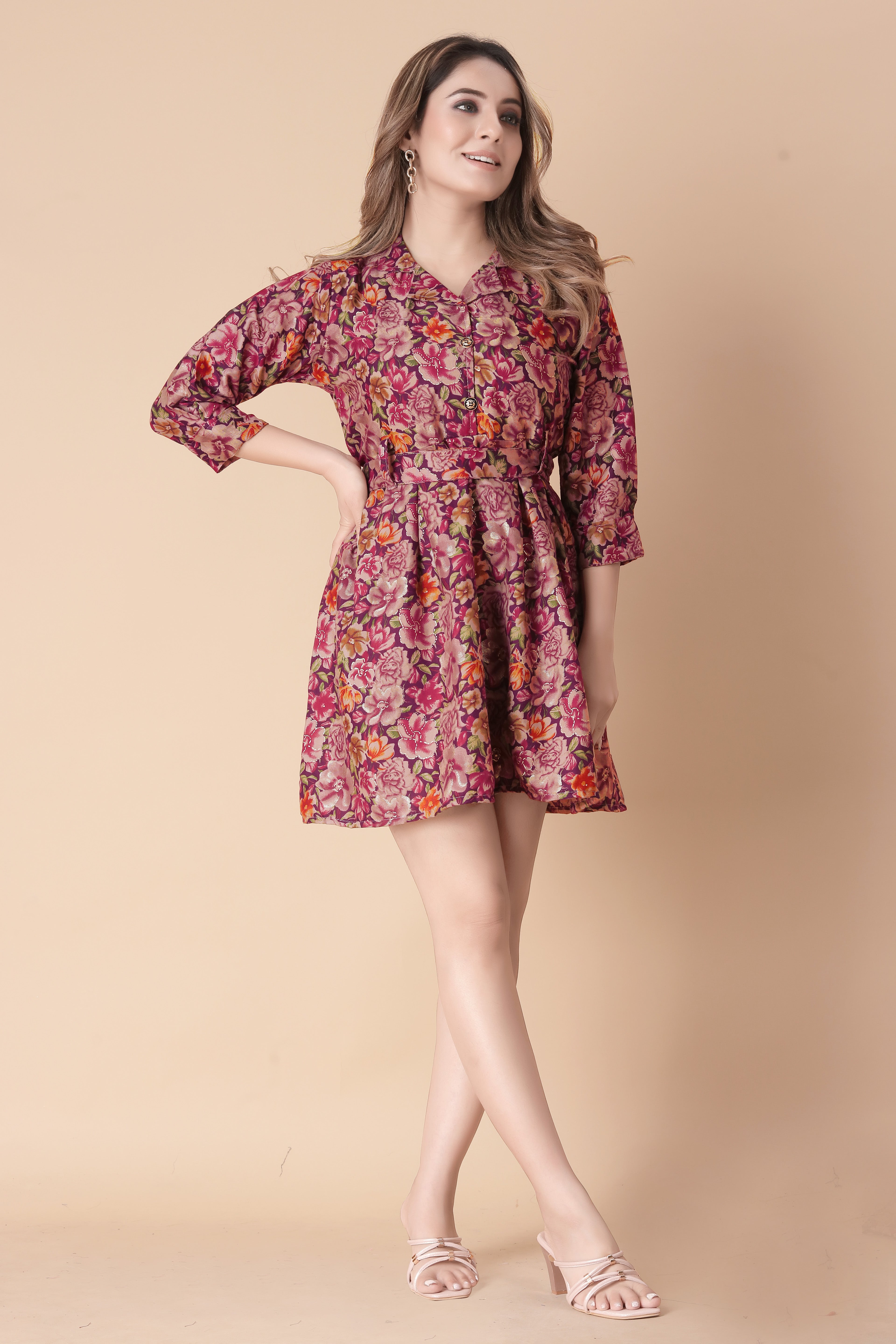 Women Maroon Floral Printed Fit & Flare Mini Dress | 3/4 Sleeve Belted Dress | Casual & Party Wear Western Dress