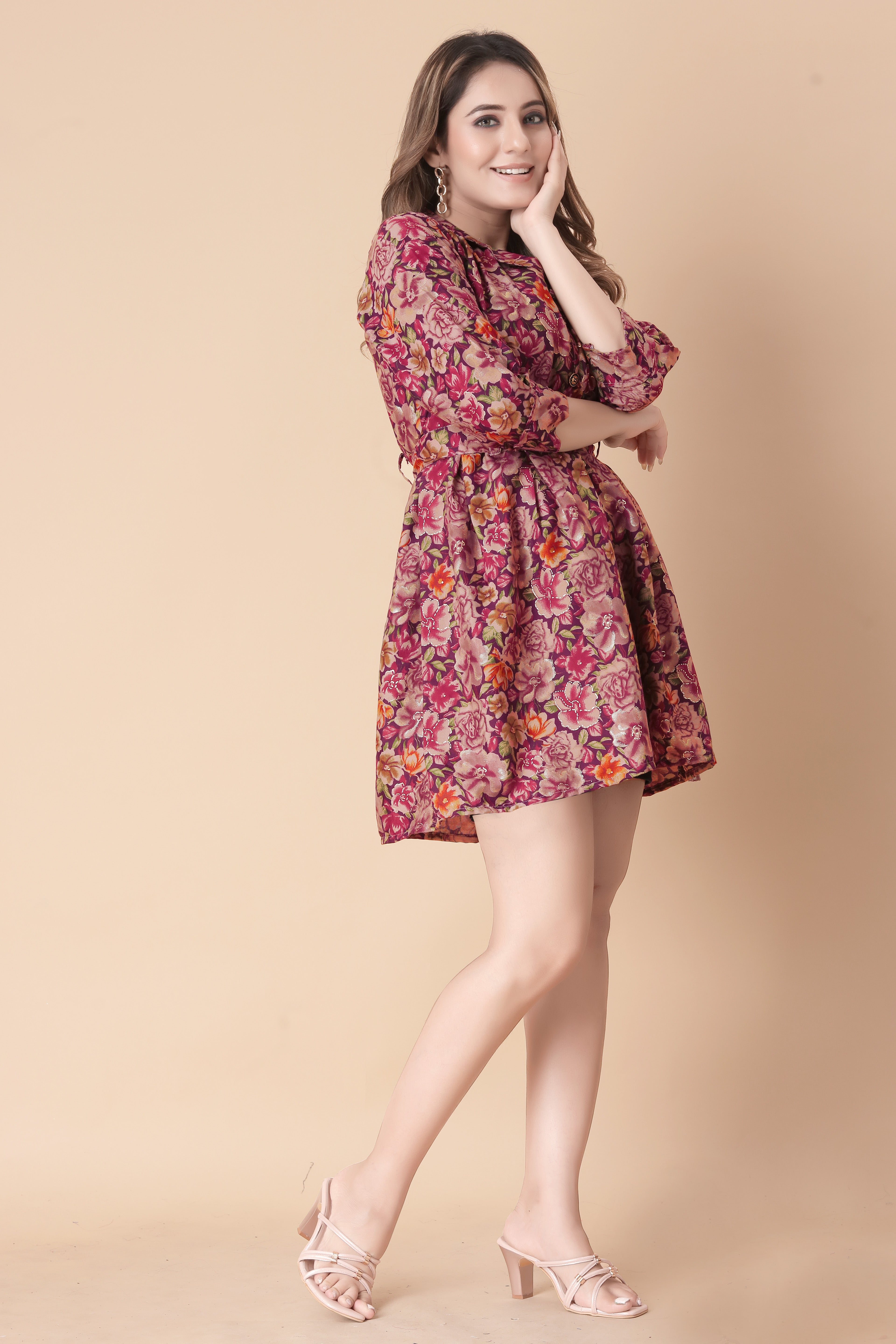 Women Maroon Floral Printed Fit & Flare Mini Dress | 3/4 Sleeve Belted Dress | Casual & Party Wear Western Dress