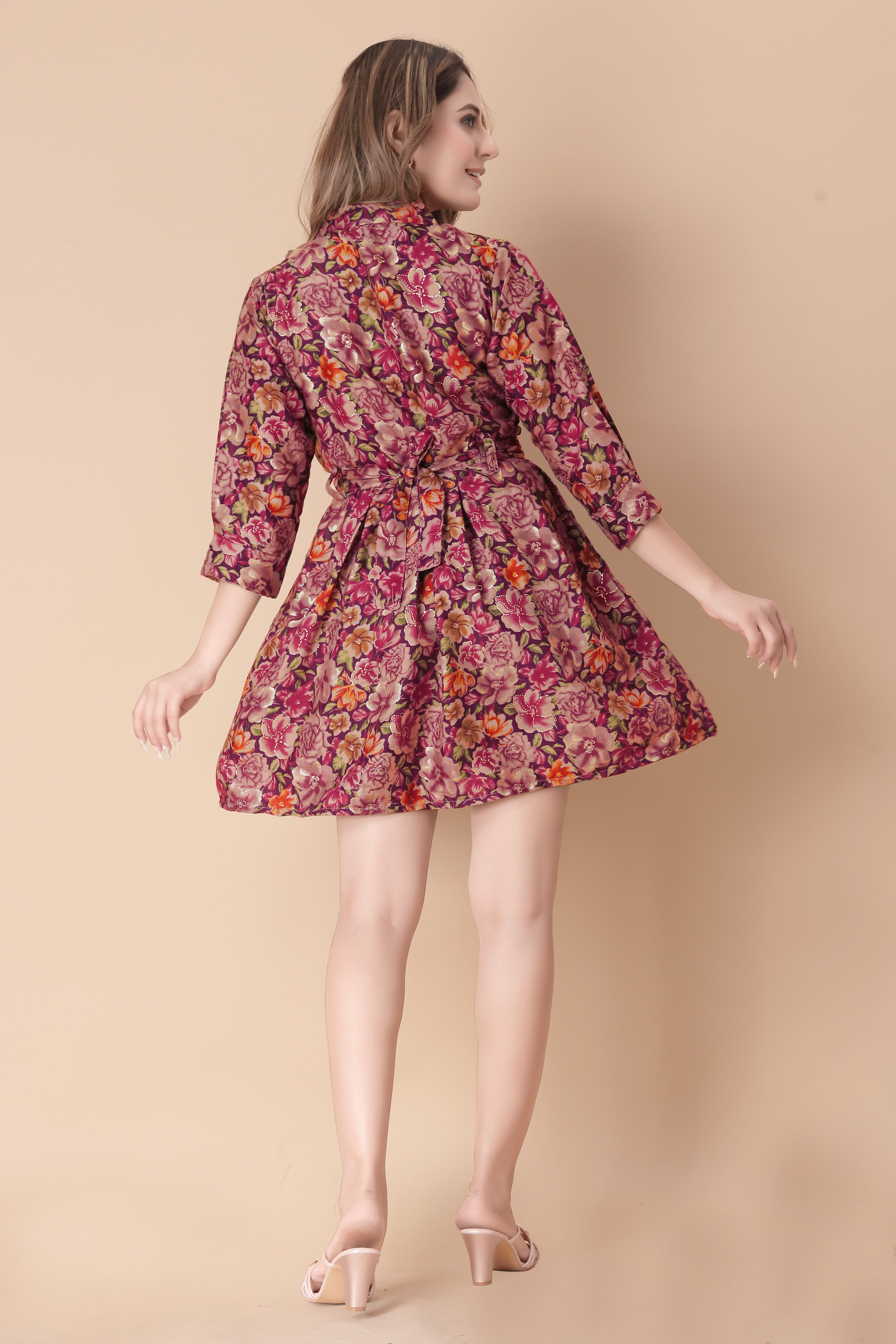 Women Maroon Floral Printed Fit & Flare Mini Dress | 3/4 Sleeve Belted Dress | Casual & Party Wear Western Dress