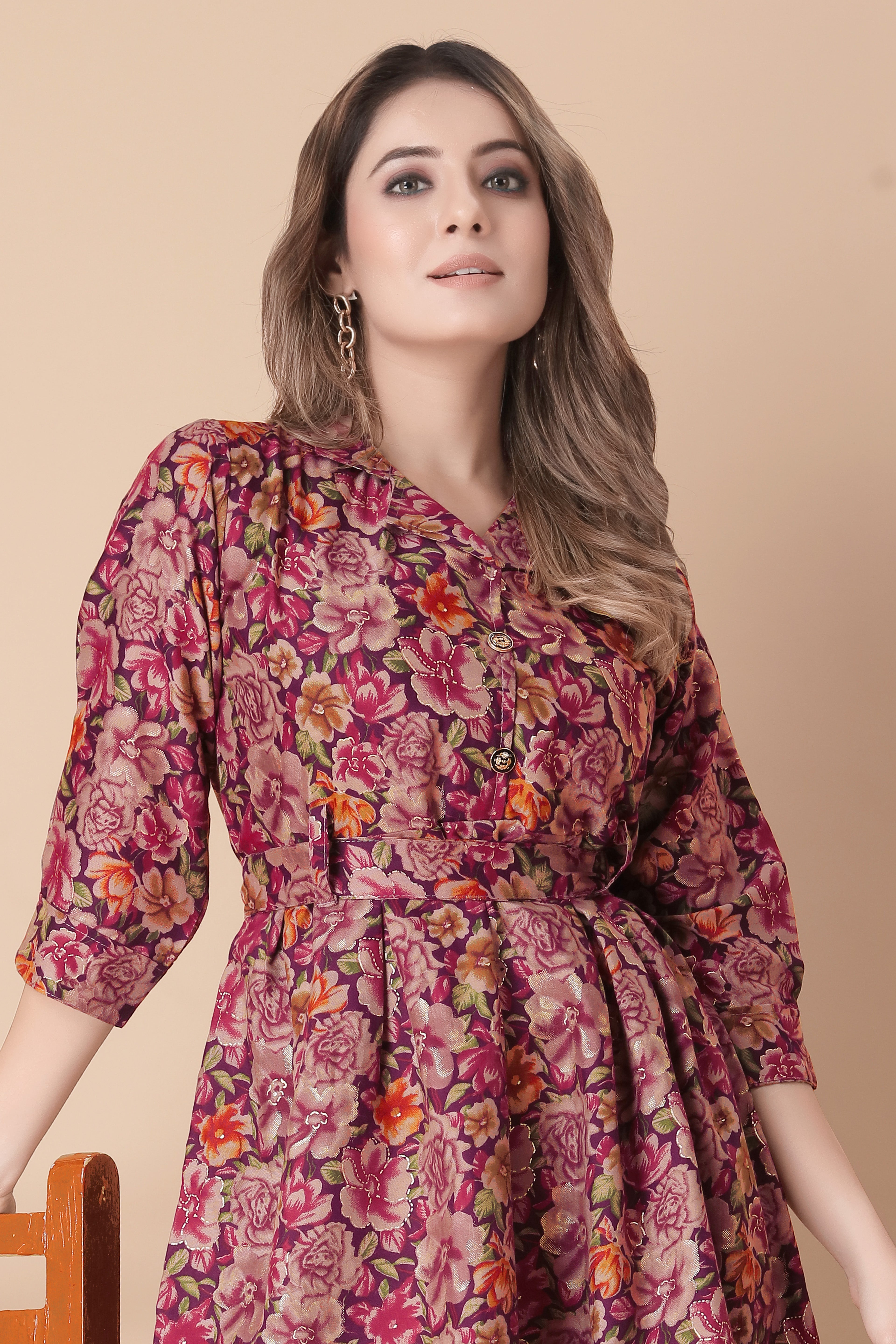 Women Maroon Floral Printed Fit & Flare Mini Dress | 3/4 Sleeve Belted Dress | Casual & Party Wear Western Dress