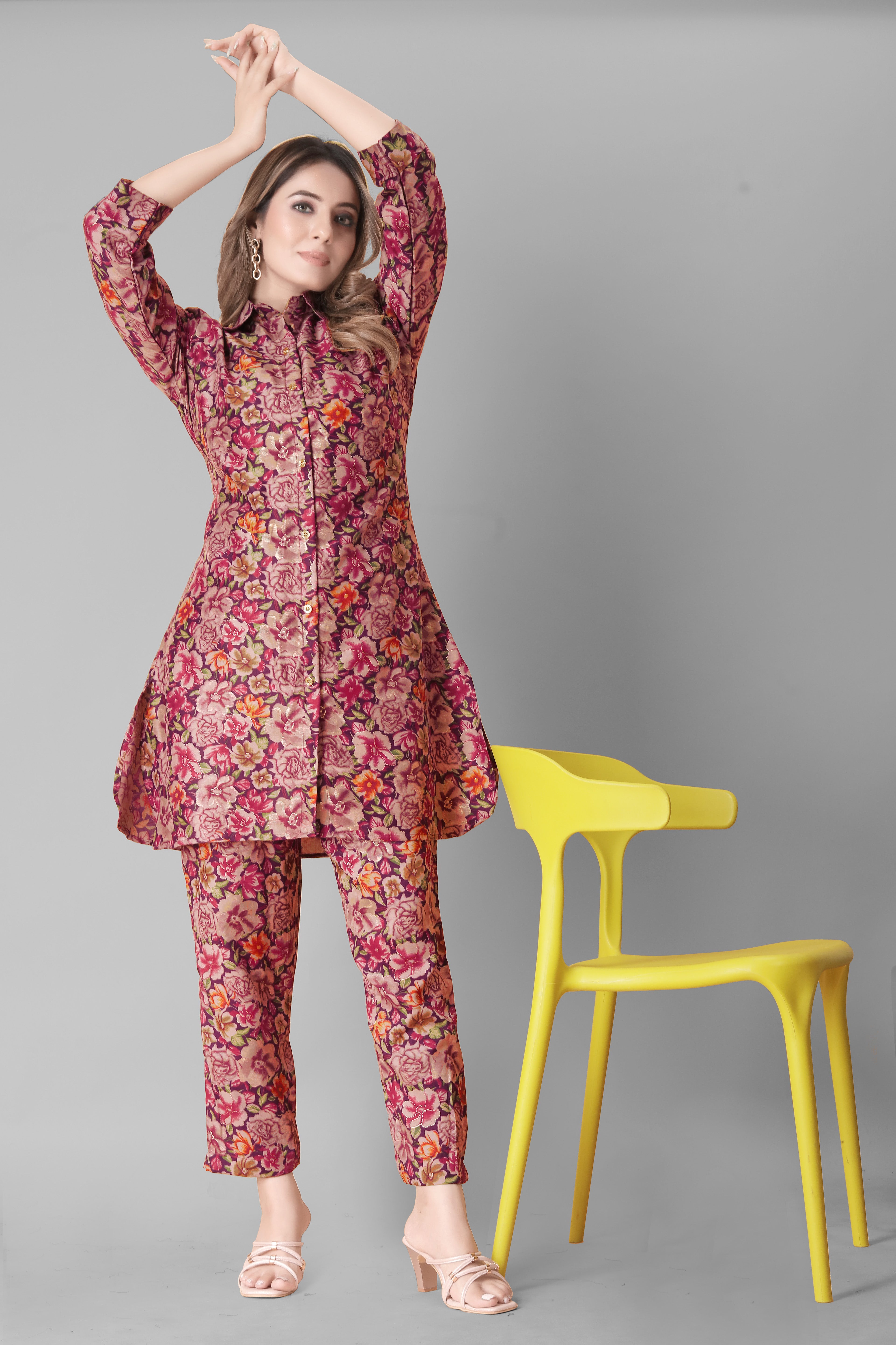 Women Floral Printed Co-ord Set | Button-Down Kurti with Pants | Stylish Ethnic Western Fusion Outfit