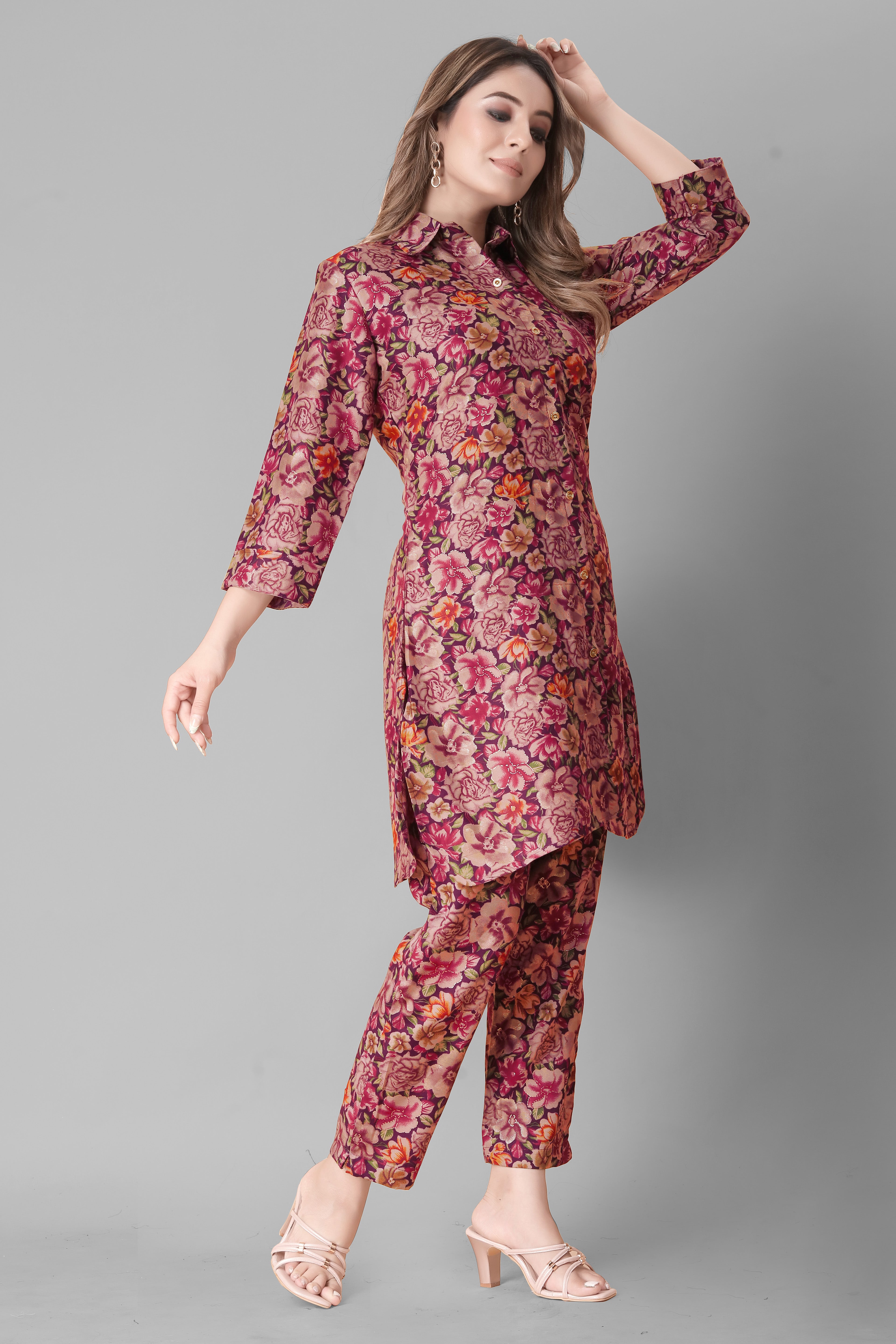 Women Floral Printed Co-ord Set | Button-Down Kurti with Pants | Stylish Ethnic Western Fusion Outfit