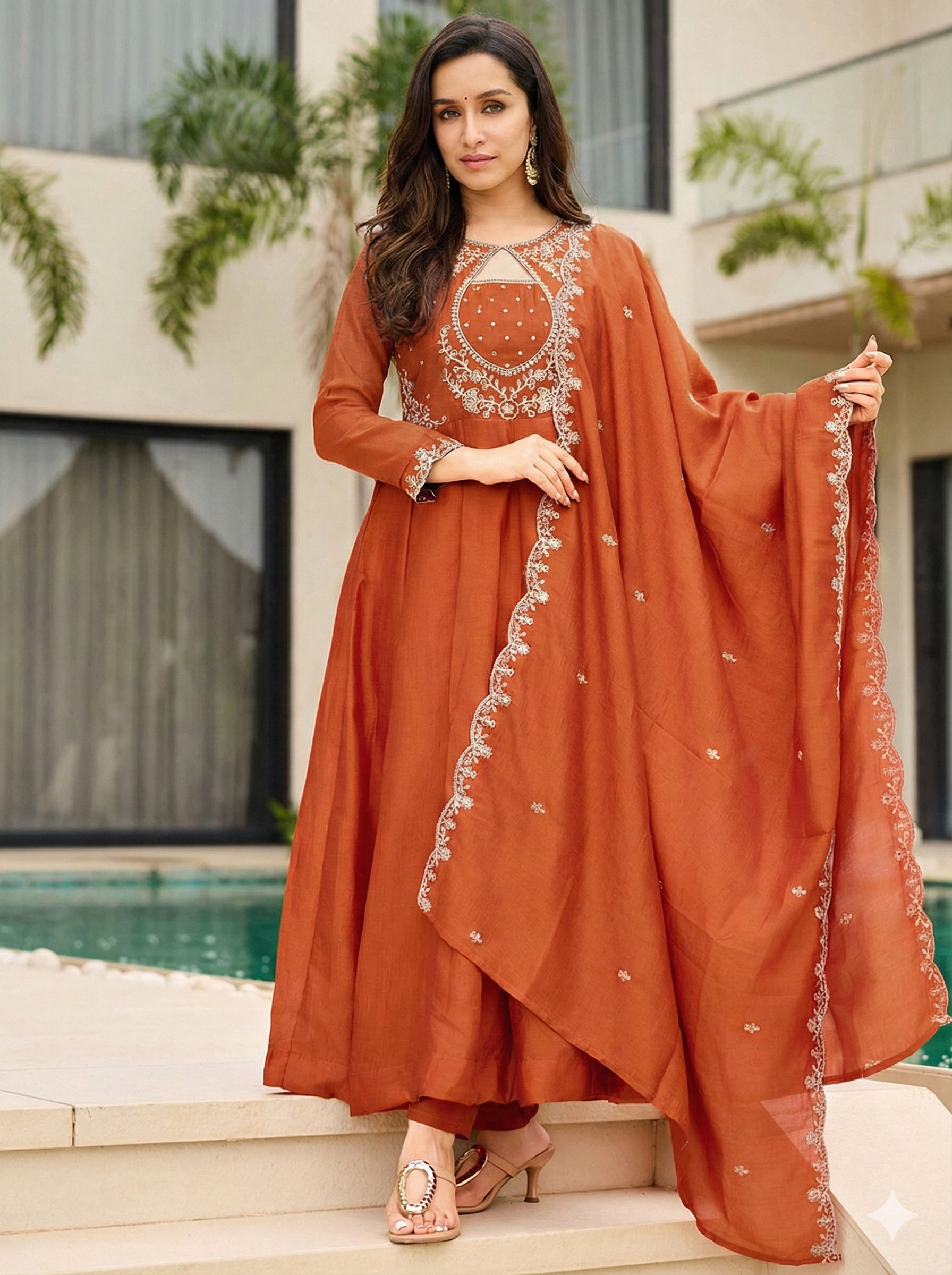 Women’s Elegant Rust Orange Embroidered Kurta Set with Dupatta