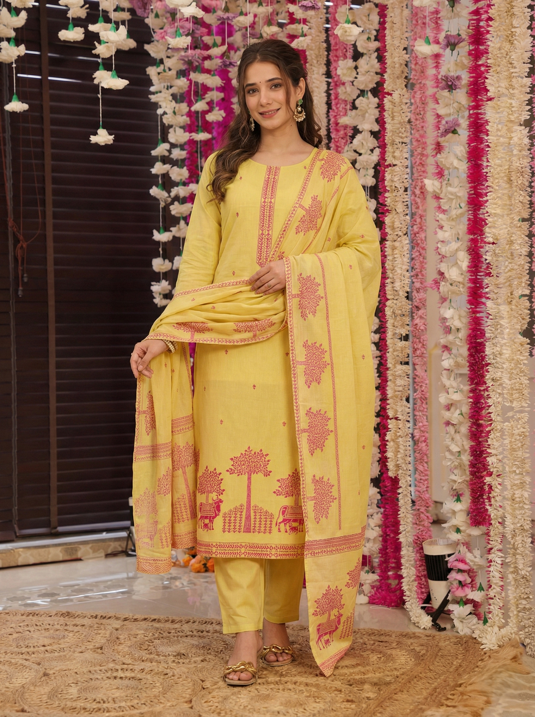 Women Cotton Printed Kurta Pant Dupatta Set (3 Piece Set)