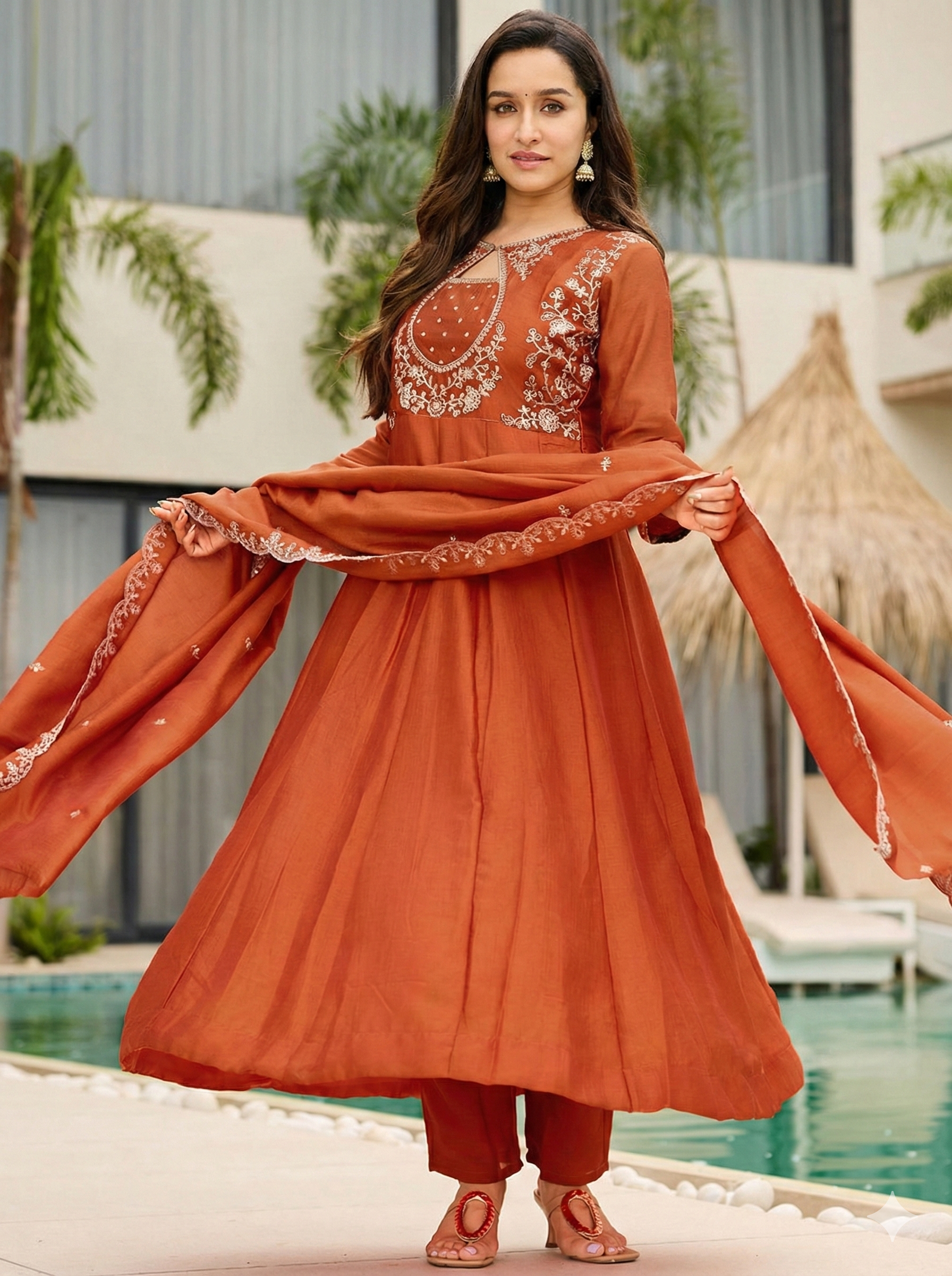 Women’s Elegant Rust Orange Embroidered Kurta Set with Dupatta