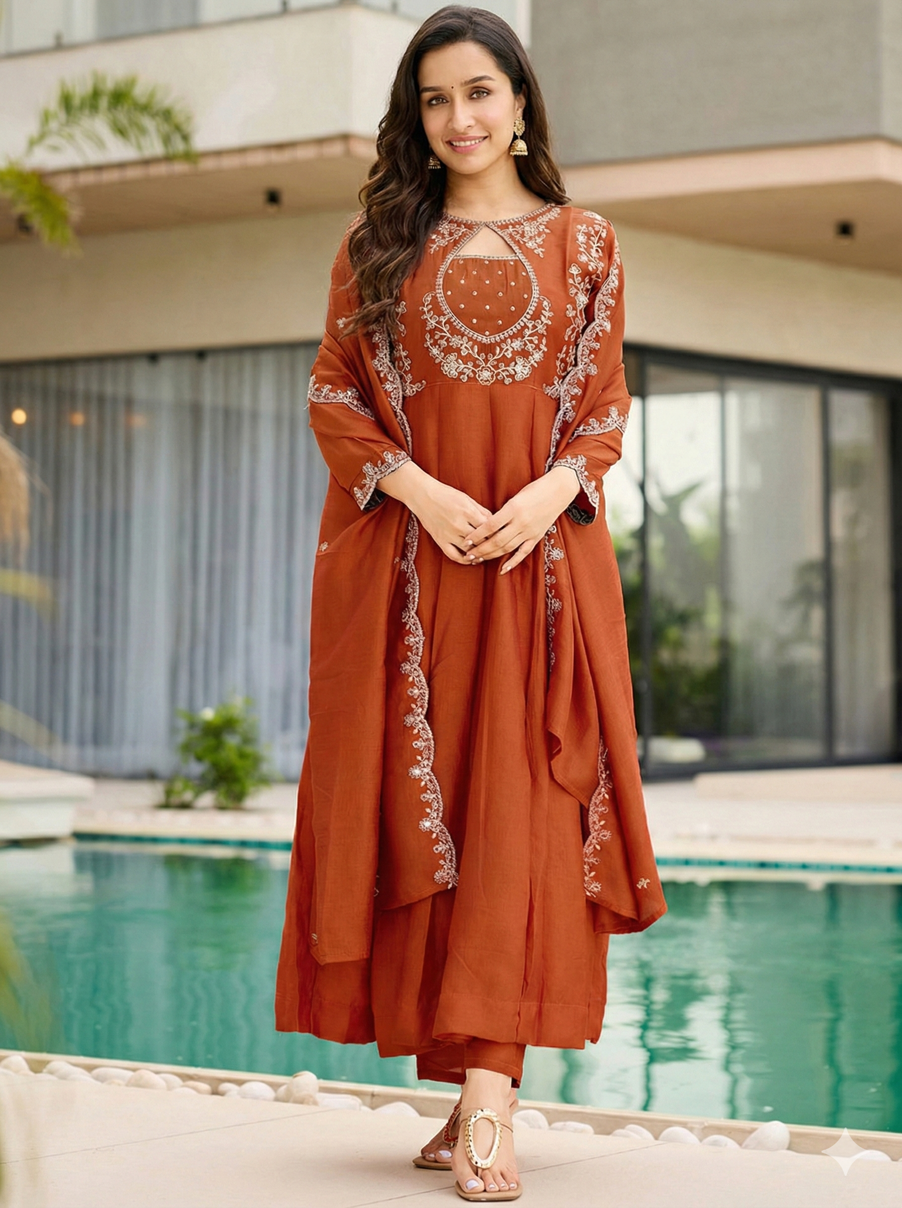Women’s Elegant Rust Orange Embroidered Kurta Set with Dupatta