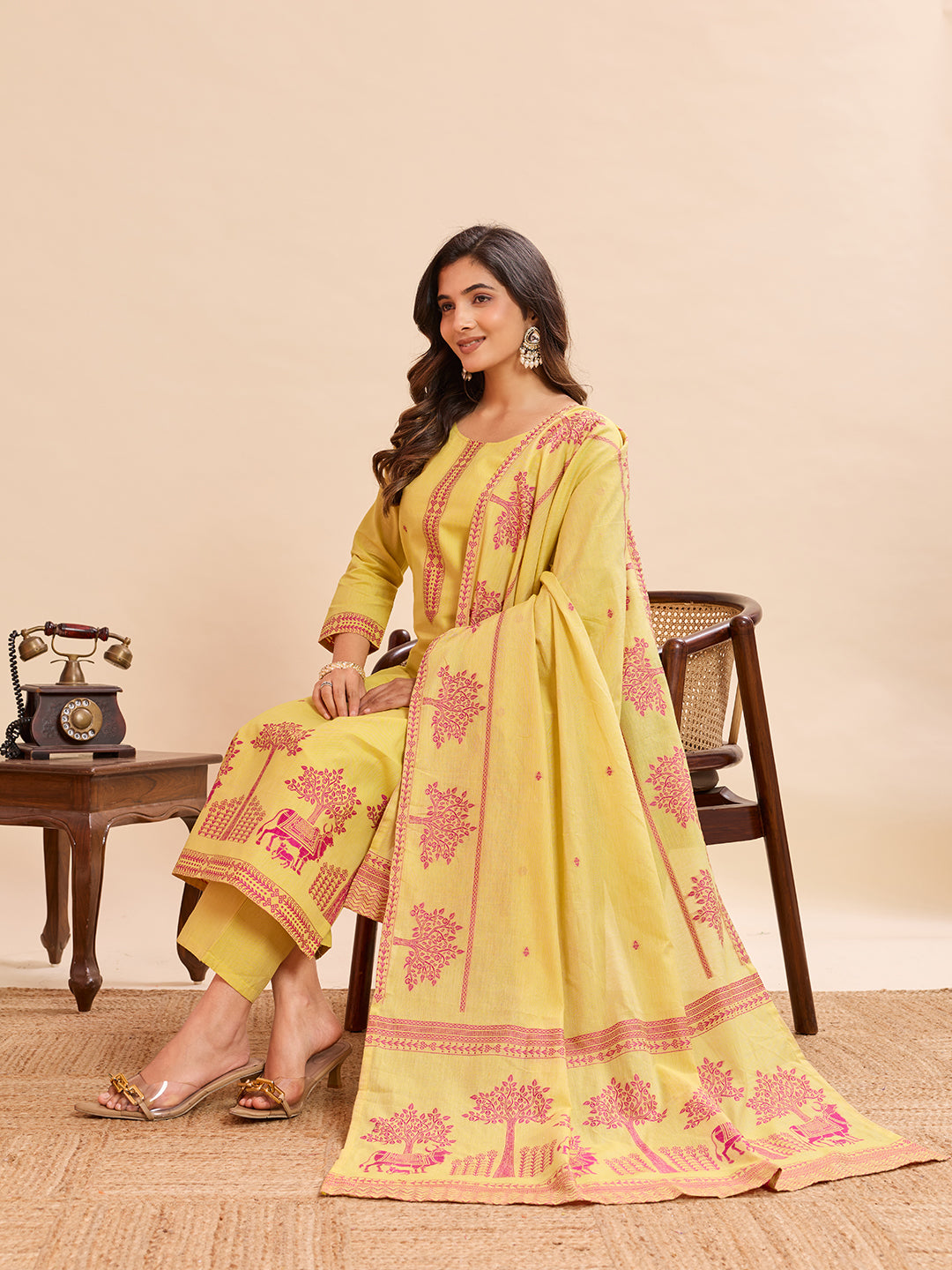 Women Cotton Printed Kurta Pant Dupatta Set (3 Piece Set)