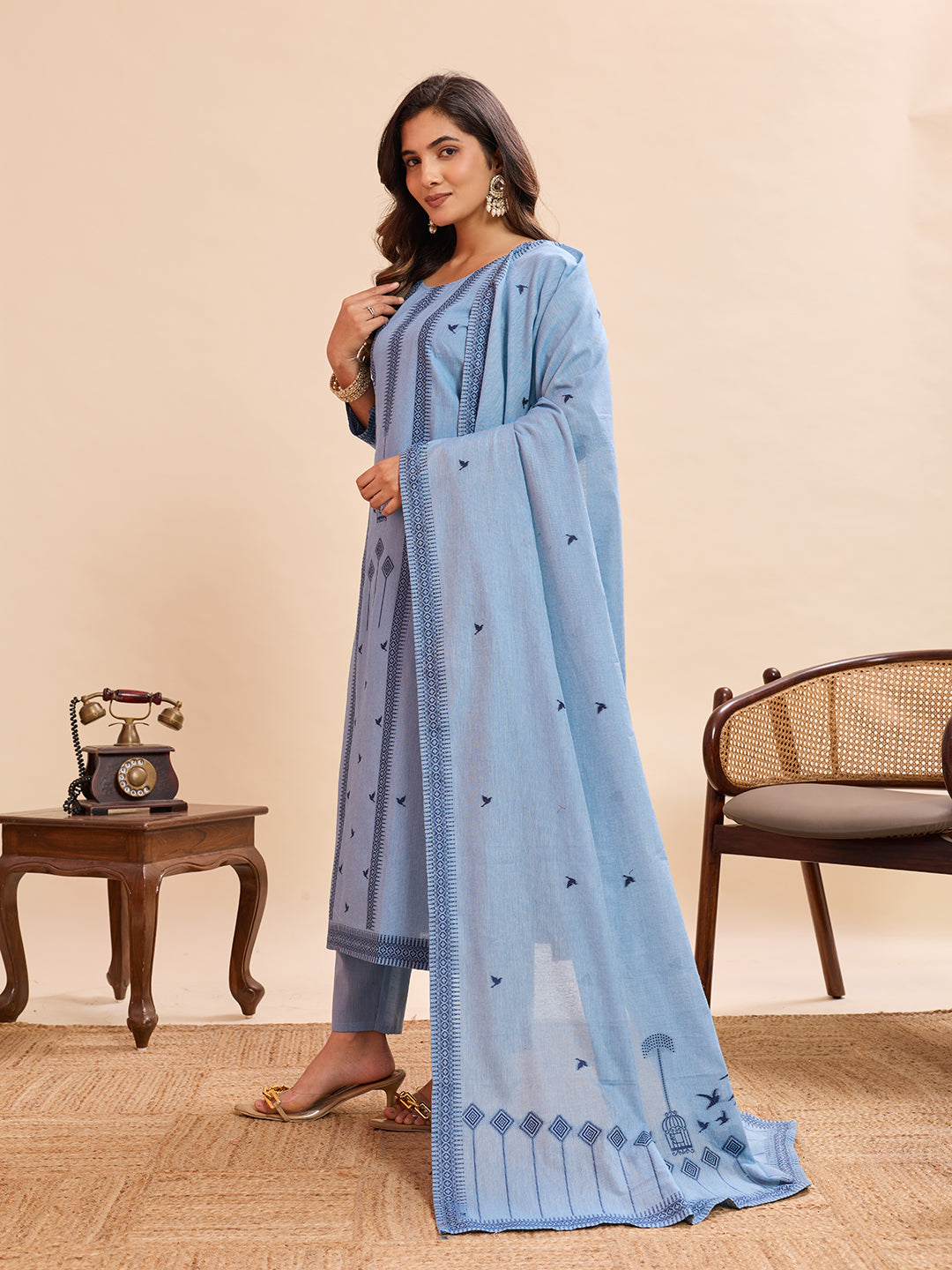 Women’s Elegant Sky Blue Embroidered Kurta Set with Dupatta