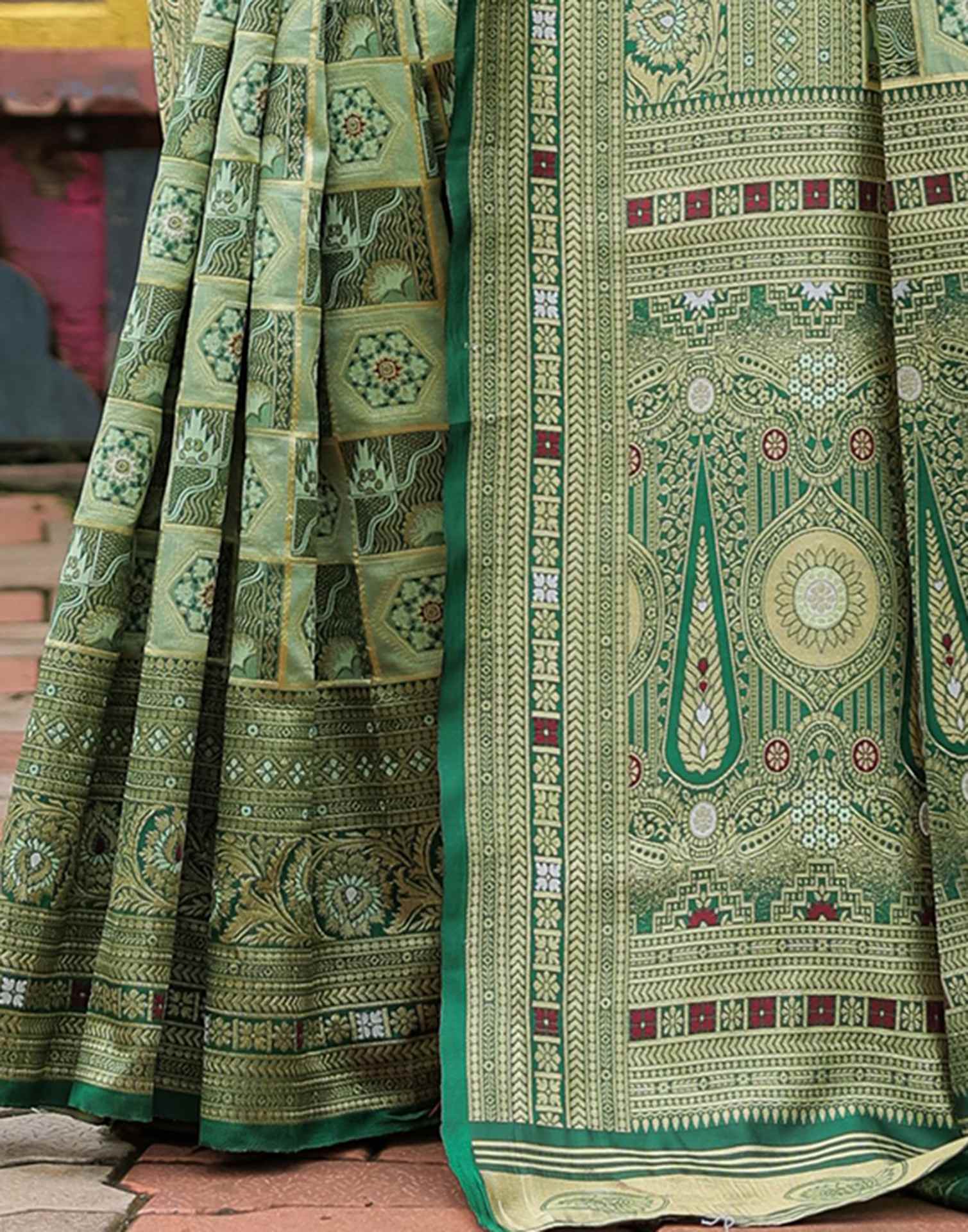 “Timeless Elegance: Vibrant  Silk Saree Adorned with Floral & Geometric Embroidery”