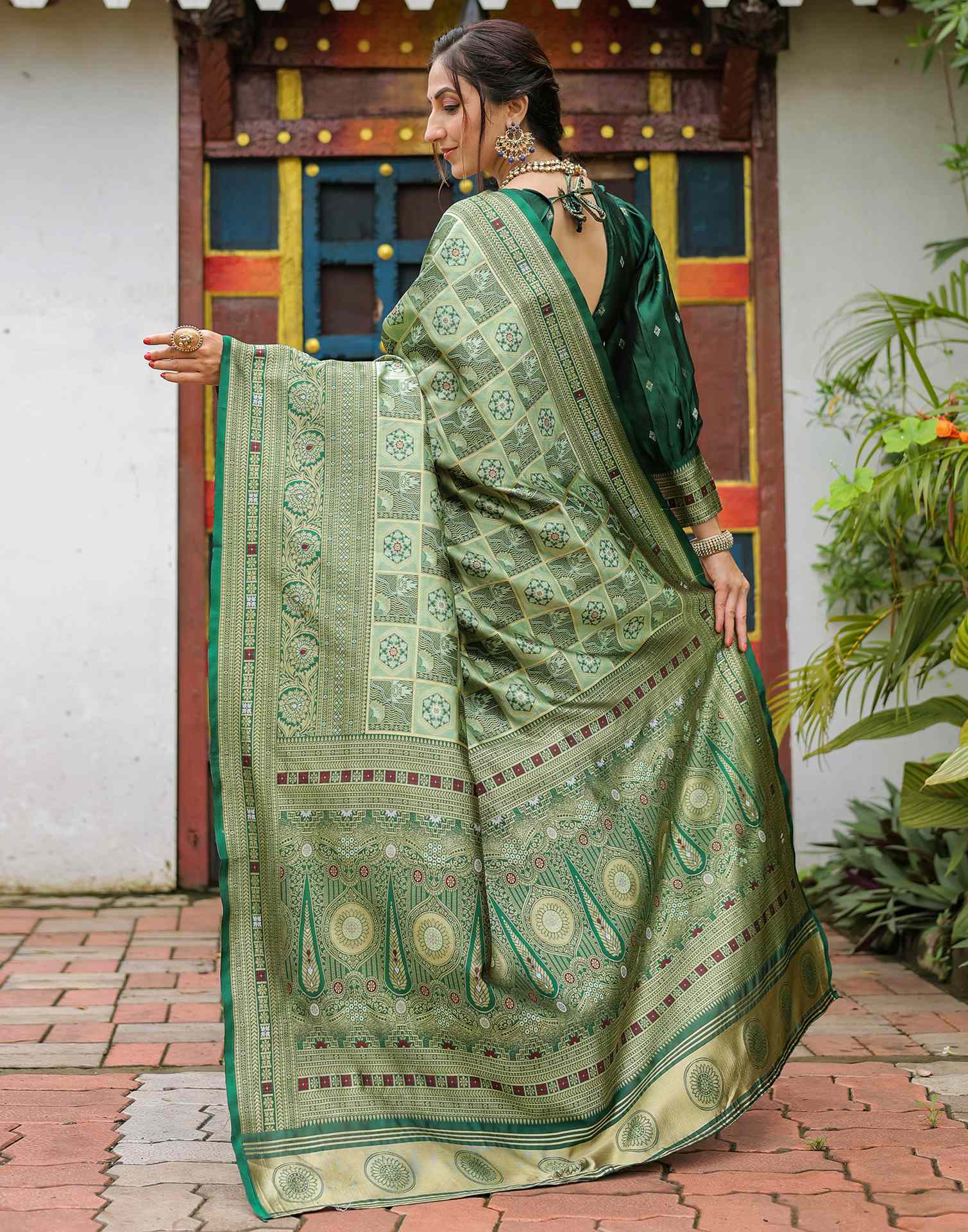 “Timeless Elegance: Vibrant  Silk Saree Adorned with Floral & Geometric Embroidery”