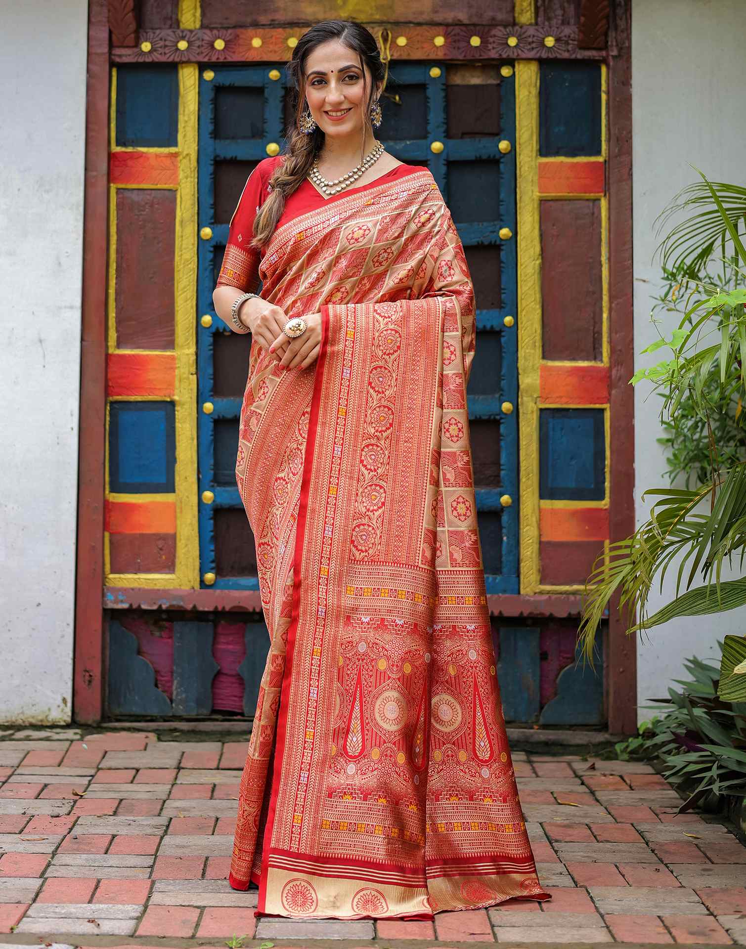 “Timeless Elegance: Vibrant  Silk Saree Adorned with Floral & Geometric Embroidery”