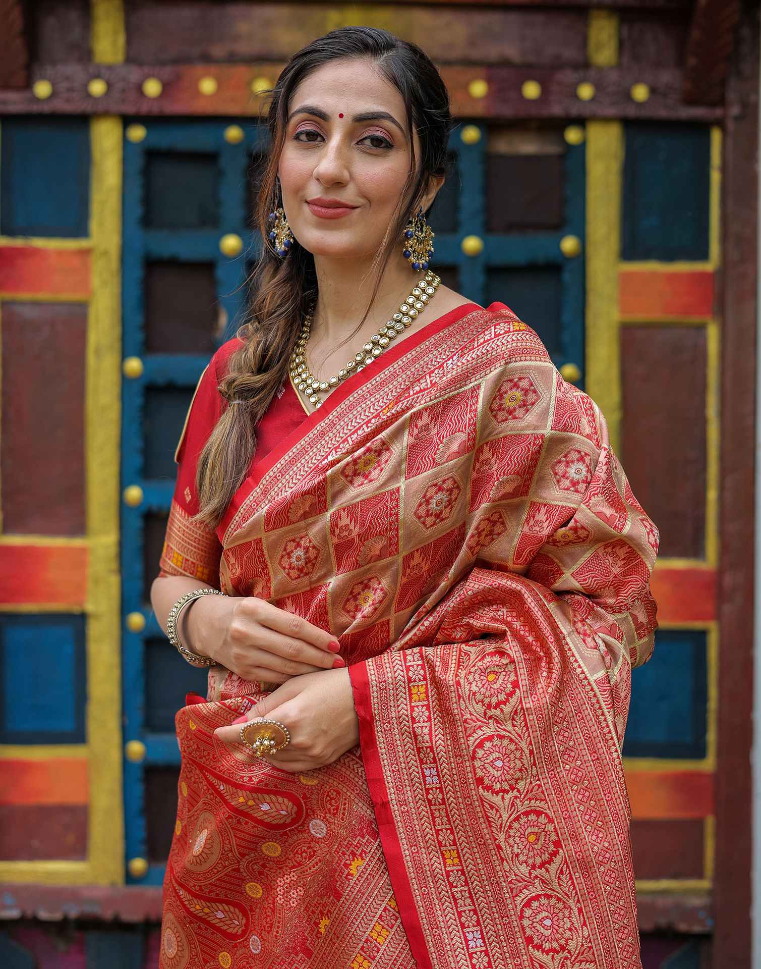 “Timeless Elegance: Vibrant  Silk Saree Adorned with Floral & Geometric Embroidery”