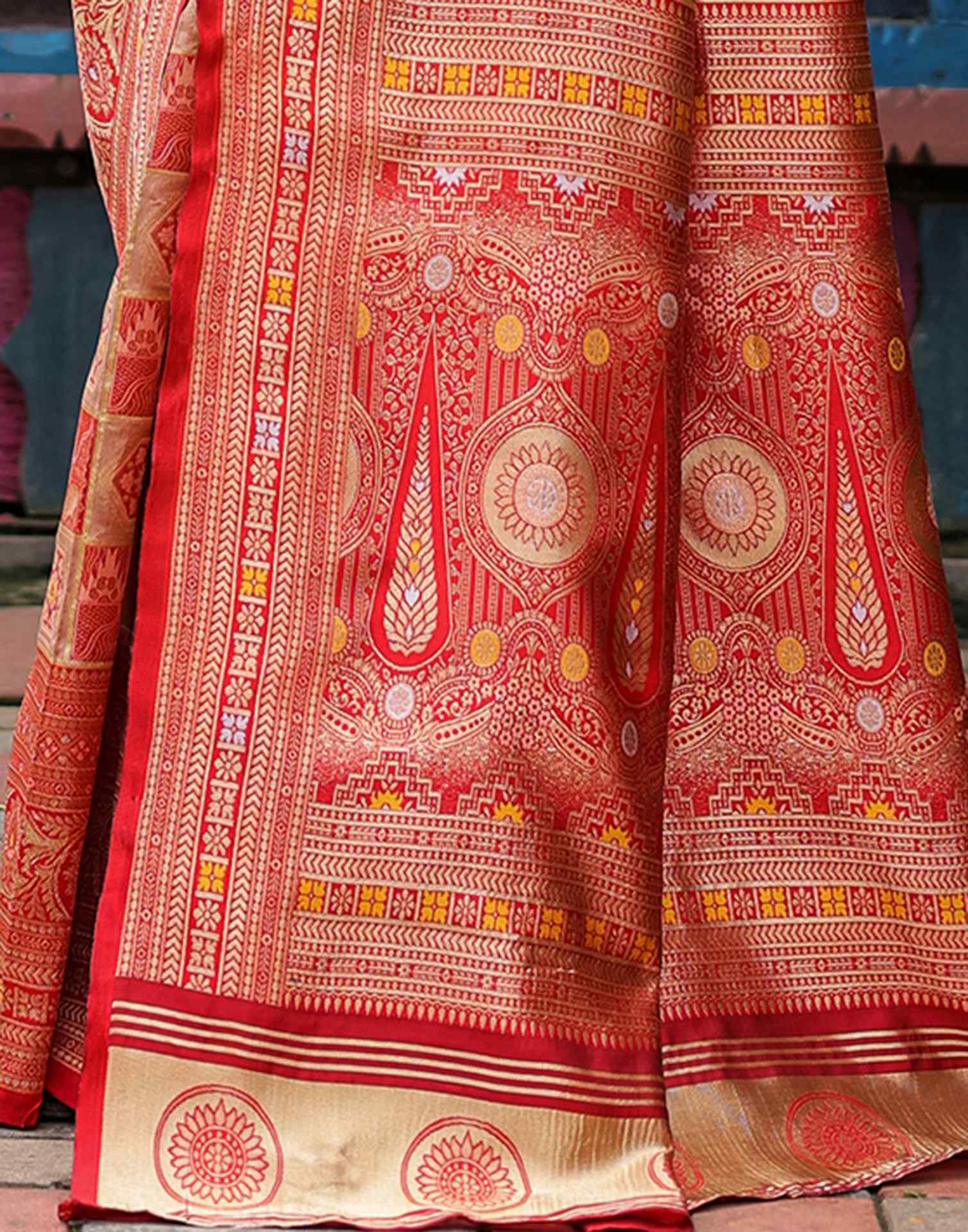 “Timeless Elegance: Vibrant  Silk Saree Adorned with Floral & Geometric Embroidery”