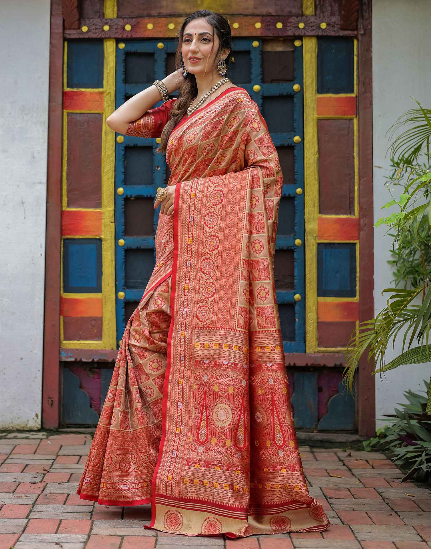 “Timeless Elegance: Vibrant  Silk Saree Adorned with Floral & Geometric Embroidery”