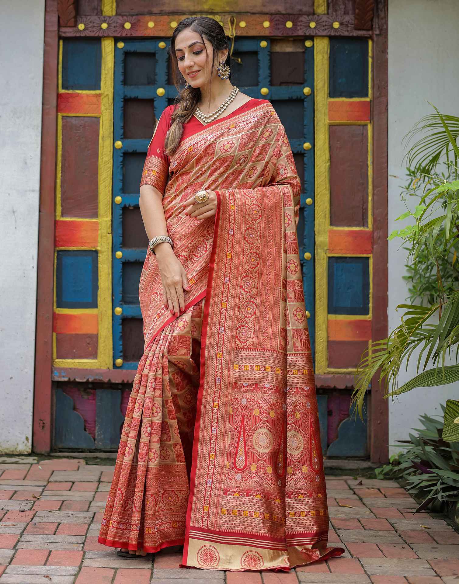 “Timeless Elegance: Vibrant  Silk Saree Adorned with Floral & Geometric Embroidery”
