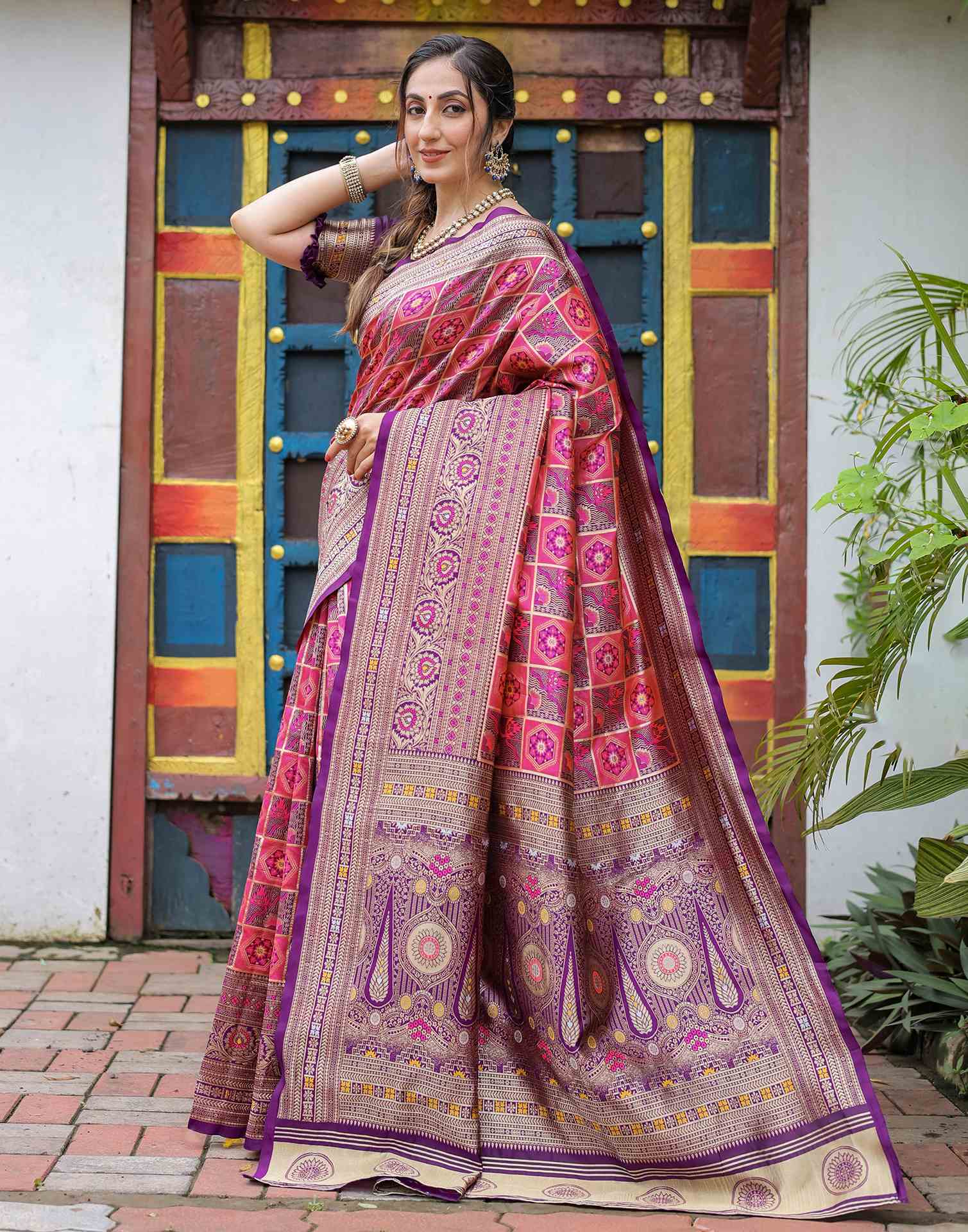 “Timeless Elegance: Vibrant Silk Saree Adorned with Floral & Geometric Embroidery”