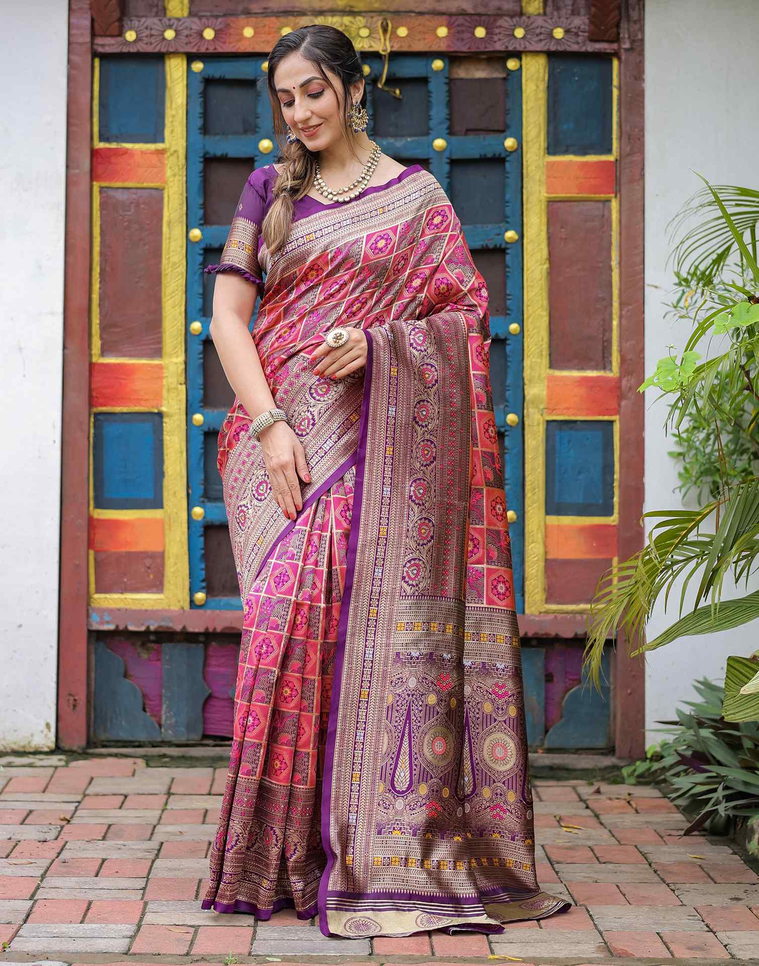 “Timeless Elegance: Vibrant Silk Saree Adorned with Floral & Geometric Embroidery”