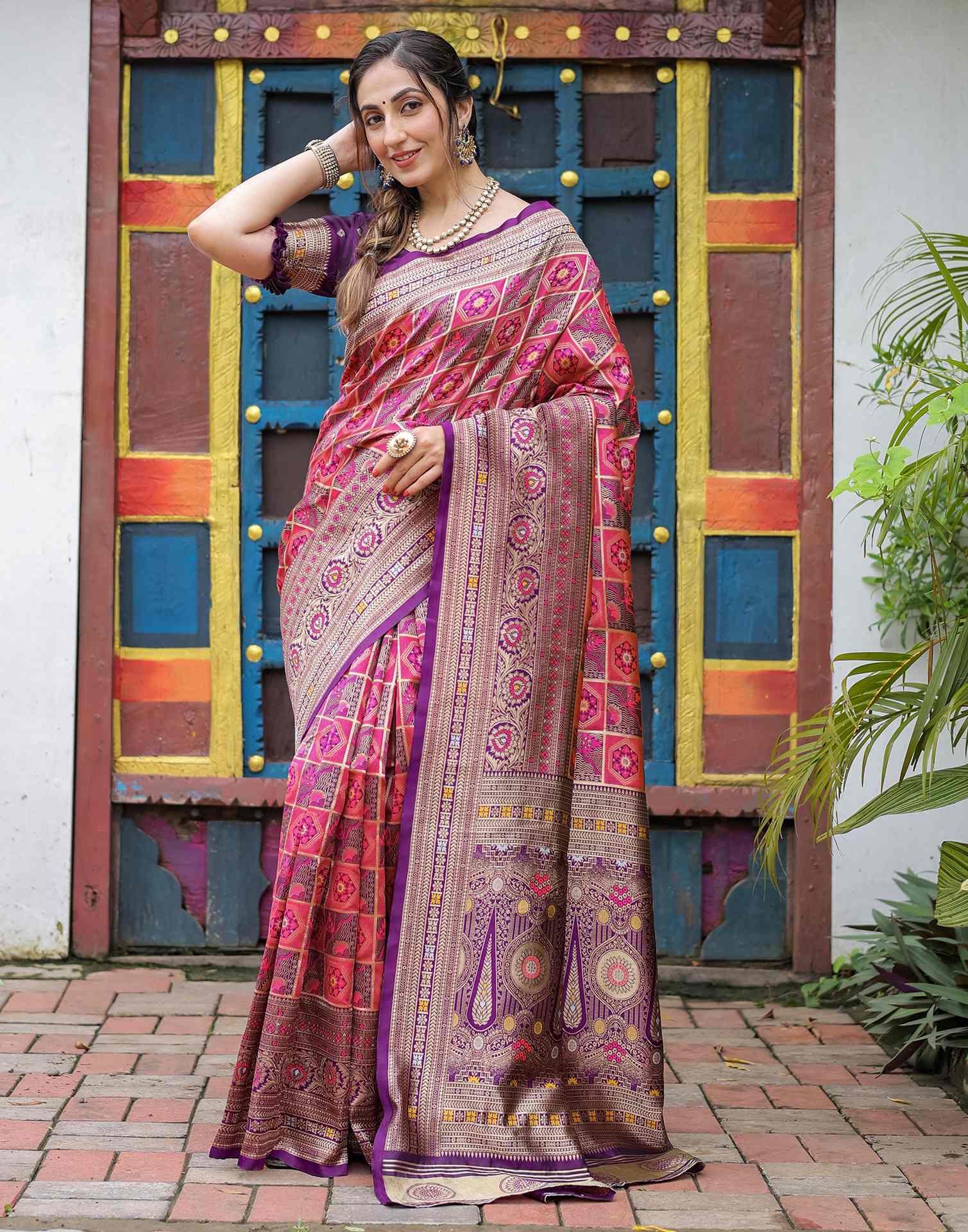 “Timeless Elegance: Vibrant Silk Saree Adorned with Floral & Geometric Embroidery”