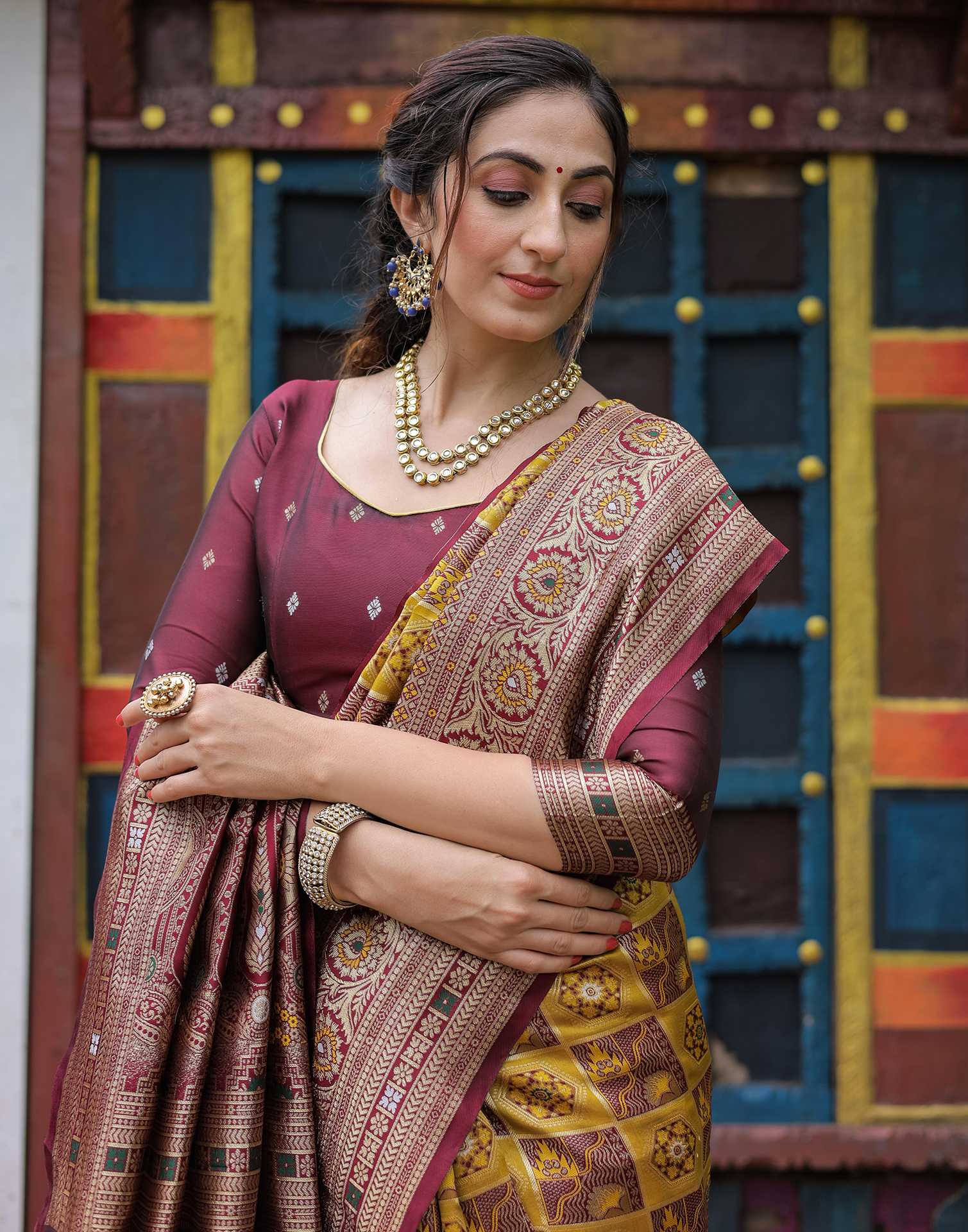 “Timeless Elegance: Vibrant Silk Saree Adorned with Floral & Geometric Embroidery”