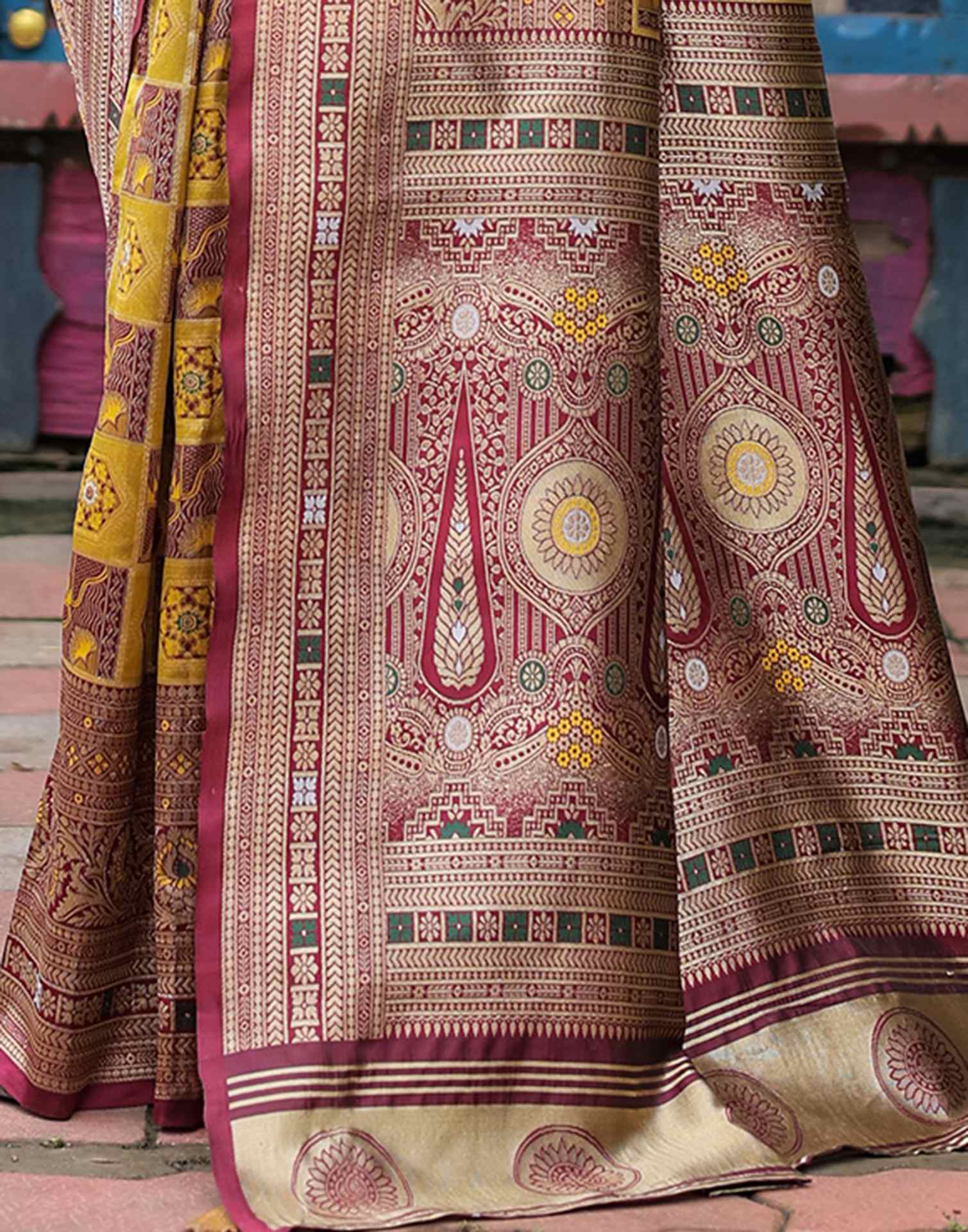 “Timeless Elegance: Vibrant Silk Saree Adorned with Floral & Geometric Embroidery”