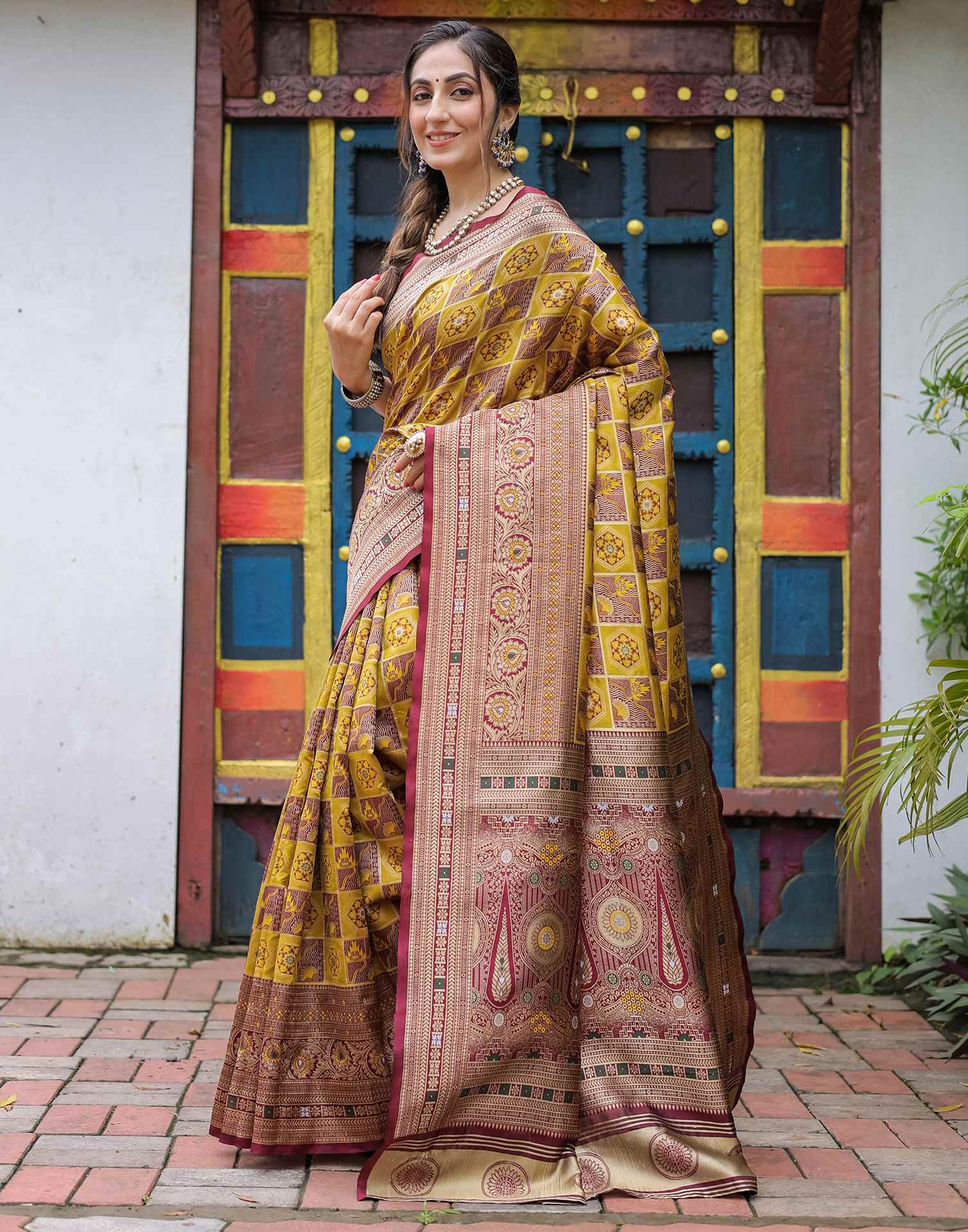 “Timeless Elegance: Vibrant Silk Saree Adorned with Floral & Geometric Embroidery”