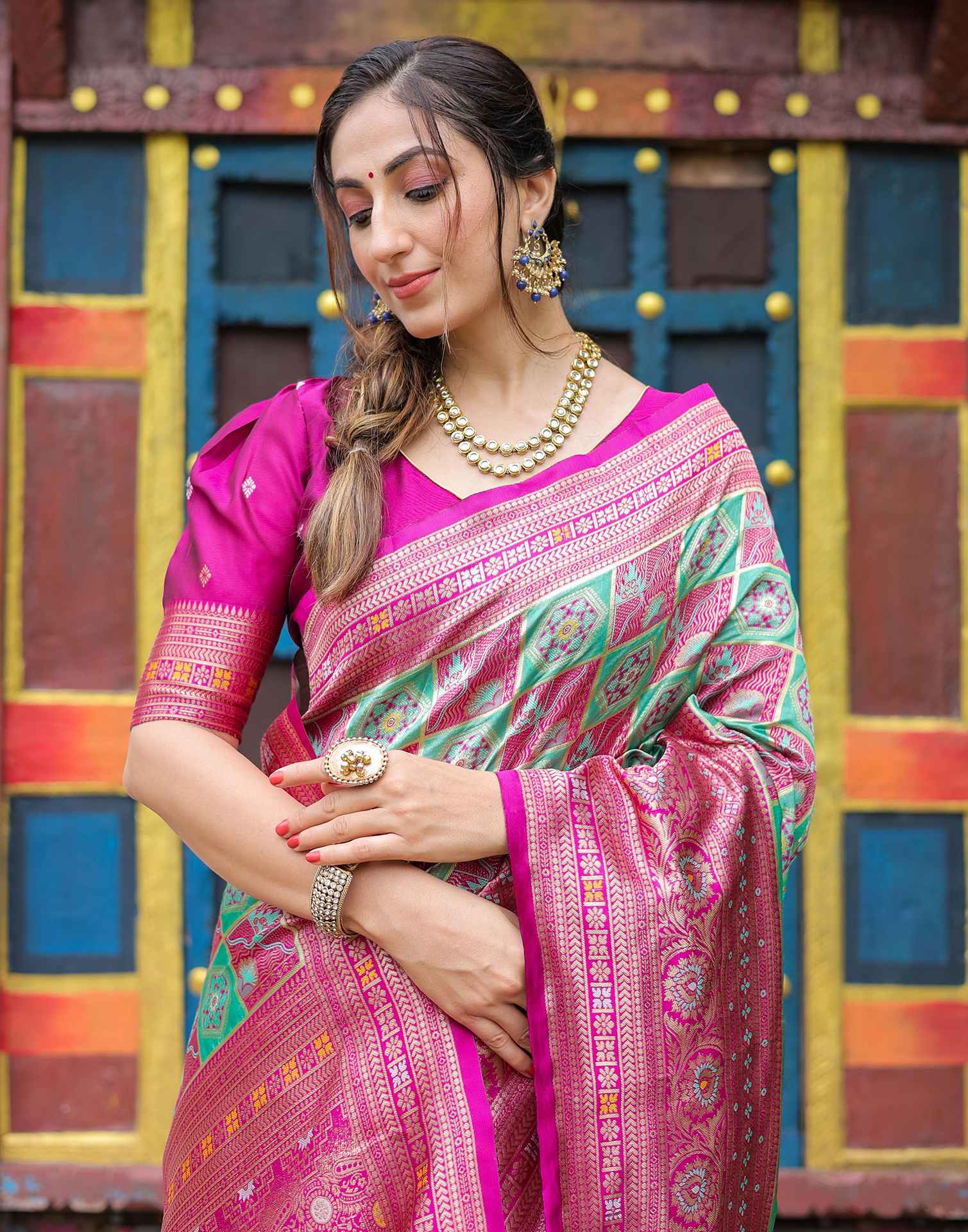 “Timeless Elegance: Vibrant  Silk Saree Adorned with Floral & Geometric Embroidery”
