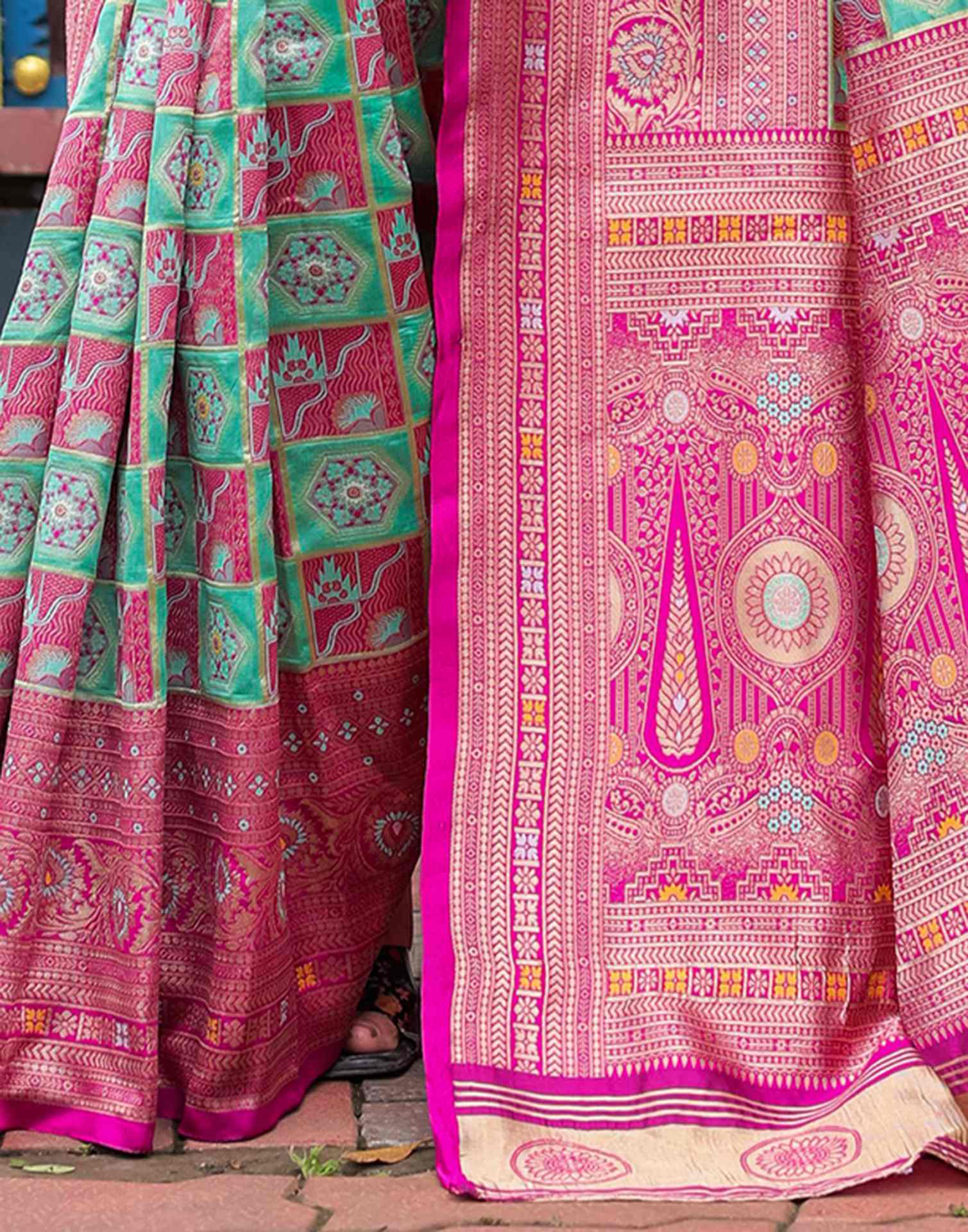 “Timeless Elegance: Vibrant  Silk Saree Adorned with Floral & Geometric Embroidery”
