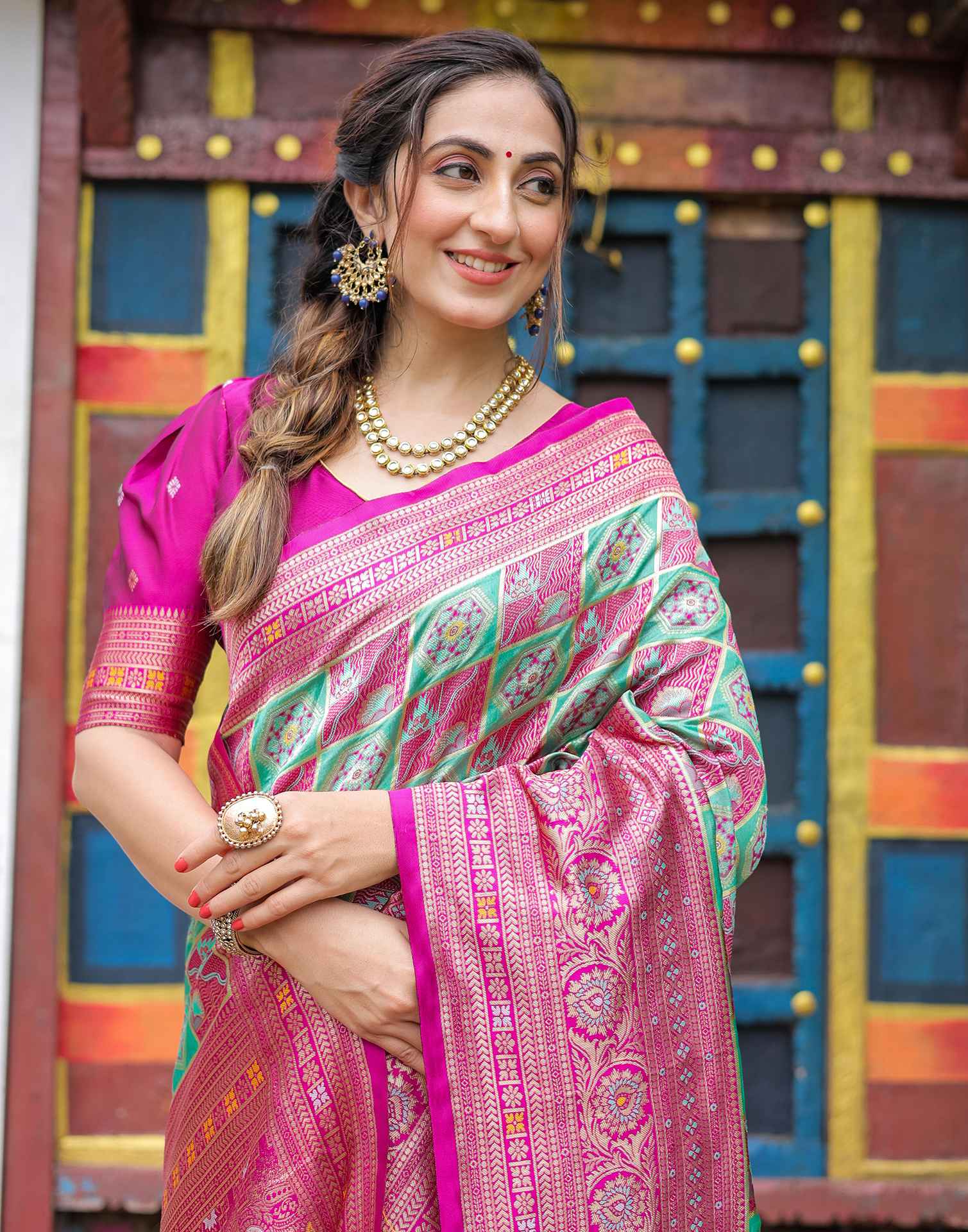 “Timeless Elegance: Vibrant  Silk Saree Adorned with Floral & Geometric Embroidery”