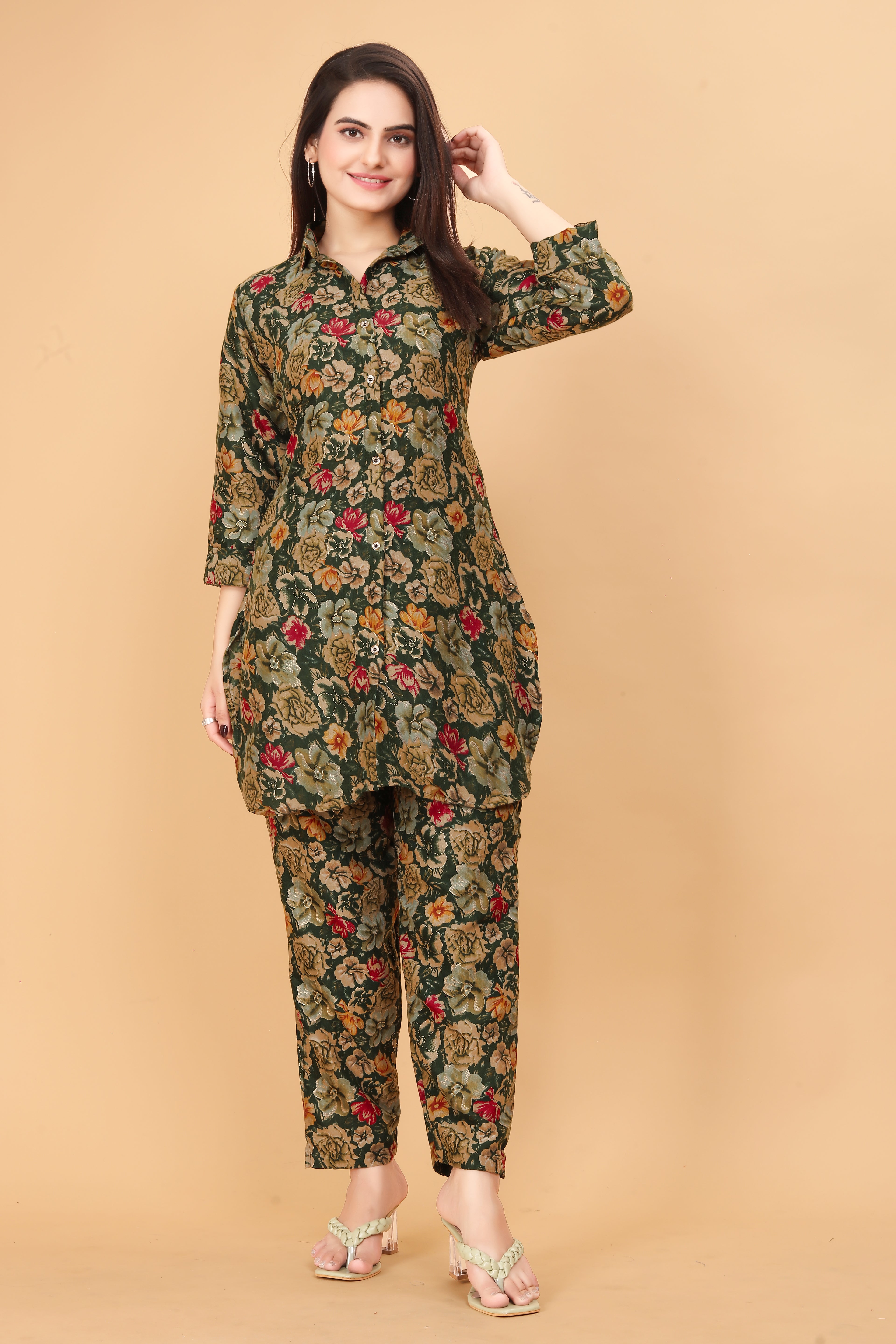 Women Floral Printed Co-ord Set | Button-Down Kurti with Pants | Stylish Ethnic Western Fusion Outfit