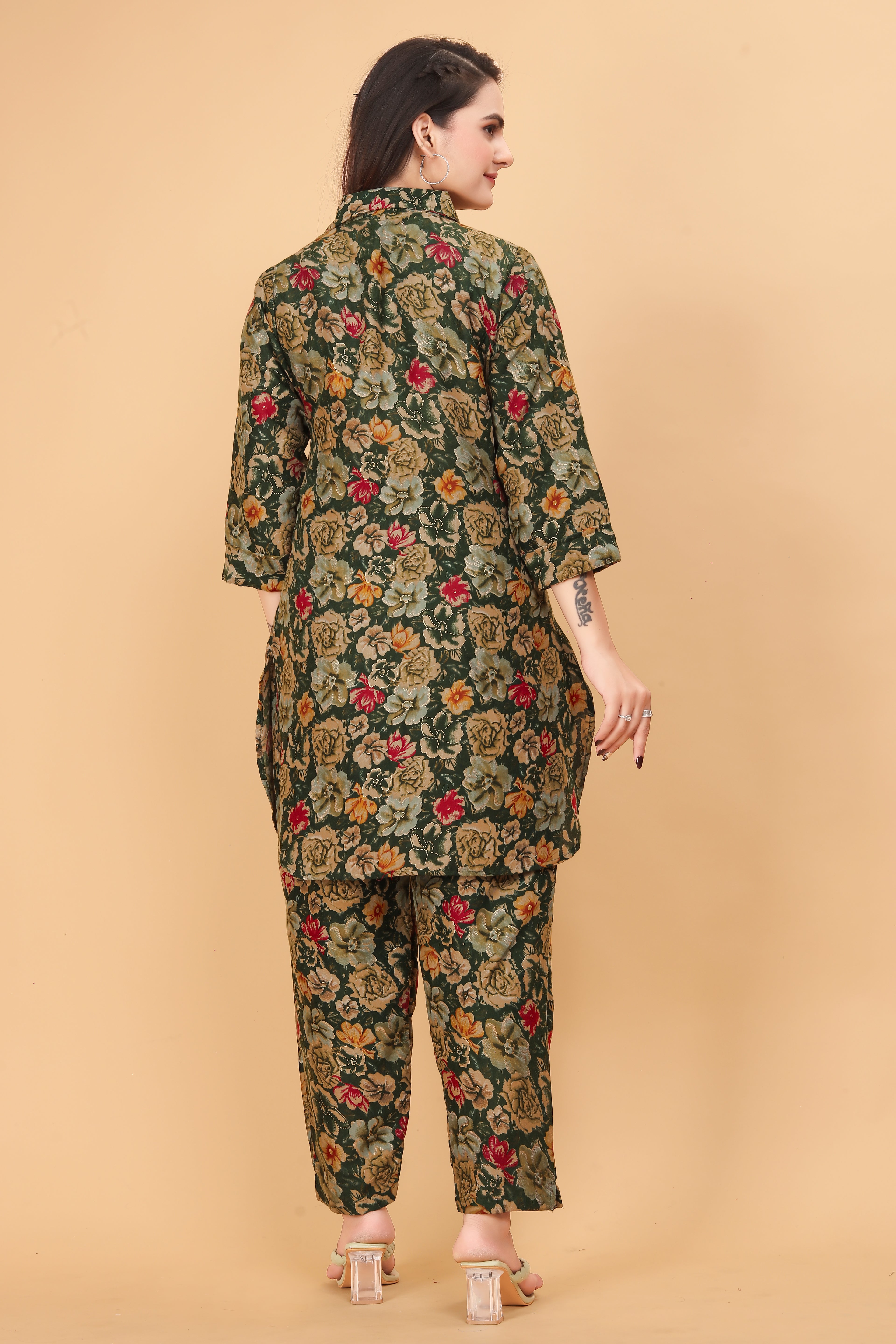 Women Floral Printed Co-ord Set | Button-Down Kurti with Pants | Stylish Ethnic Western Fusion Outfit