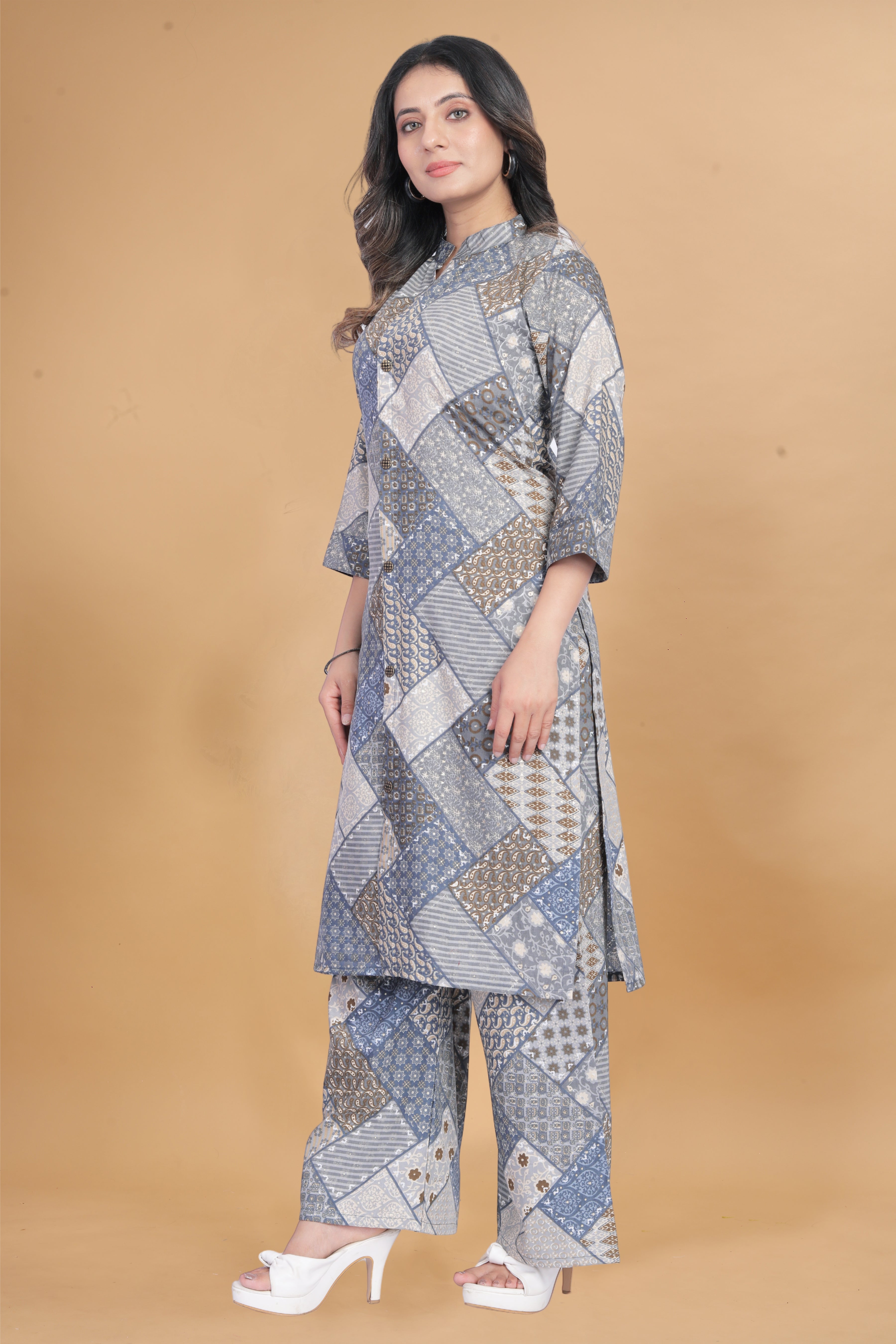 Women Blue & Grey Patchwork Printed Co-ord Set | Straight Kurti with Wide Leg Pants | Stylish Ethnic Fusion Wear