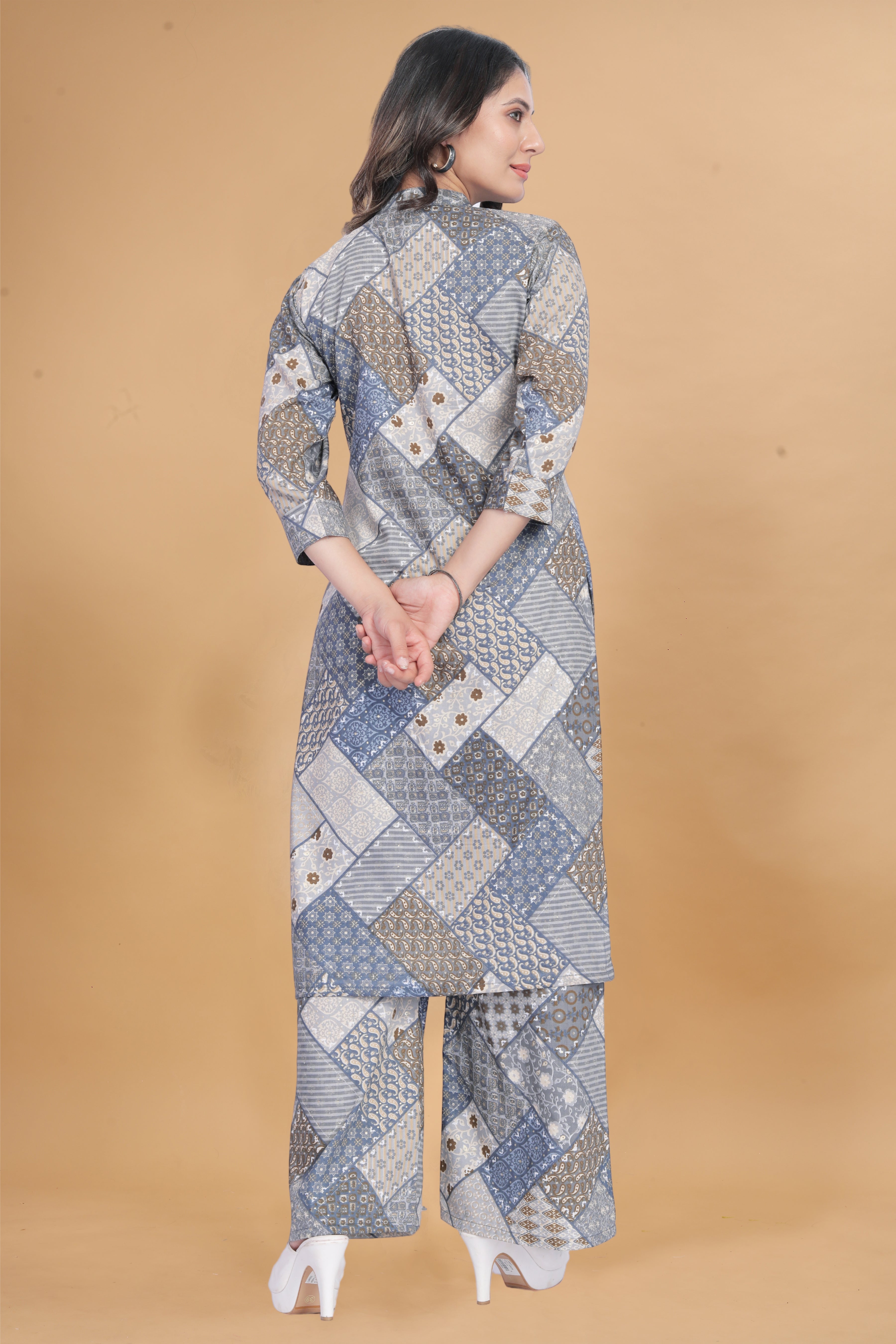Women Blue & Grey Patchwork Printed Co-ord Set | Straight Kurti with Wide Leg Pants | Stylish Ethnic Fusion Wear