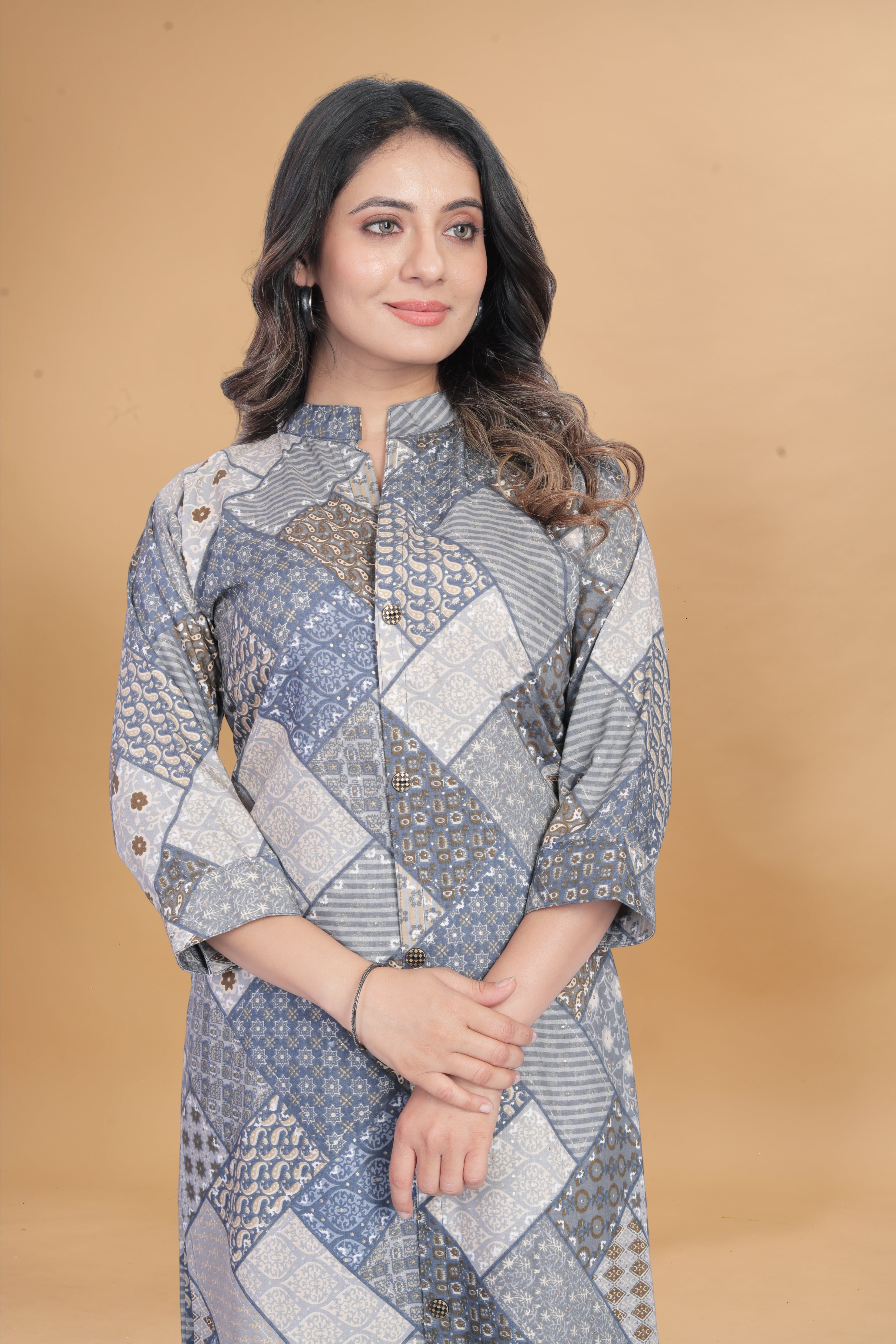 Women Blue & Grey Patchwork Printed Co-ord Set | Straight Kurti with Wide Leg Pants | Stylish Ethnic Fusion Wear