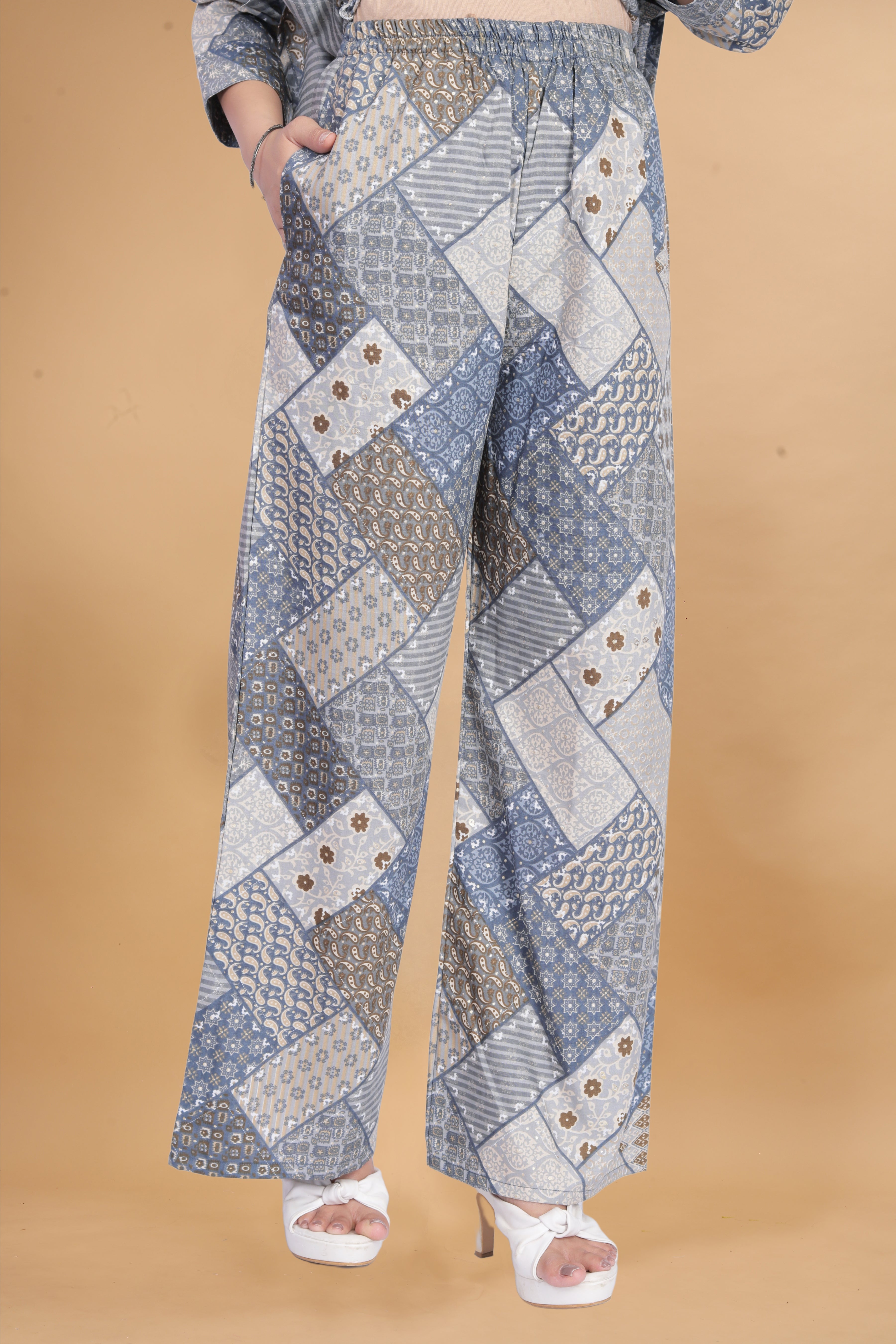 Women Blue & Grey Patchwork Printed Co-ord Set | Straight Kurti with Wide Leg Pants | Stylish Ethnic Fusion Wear