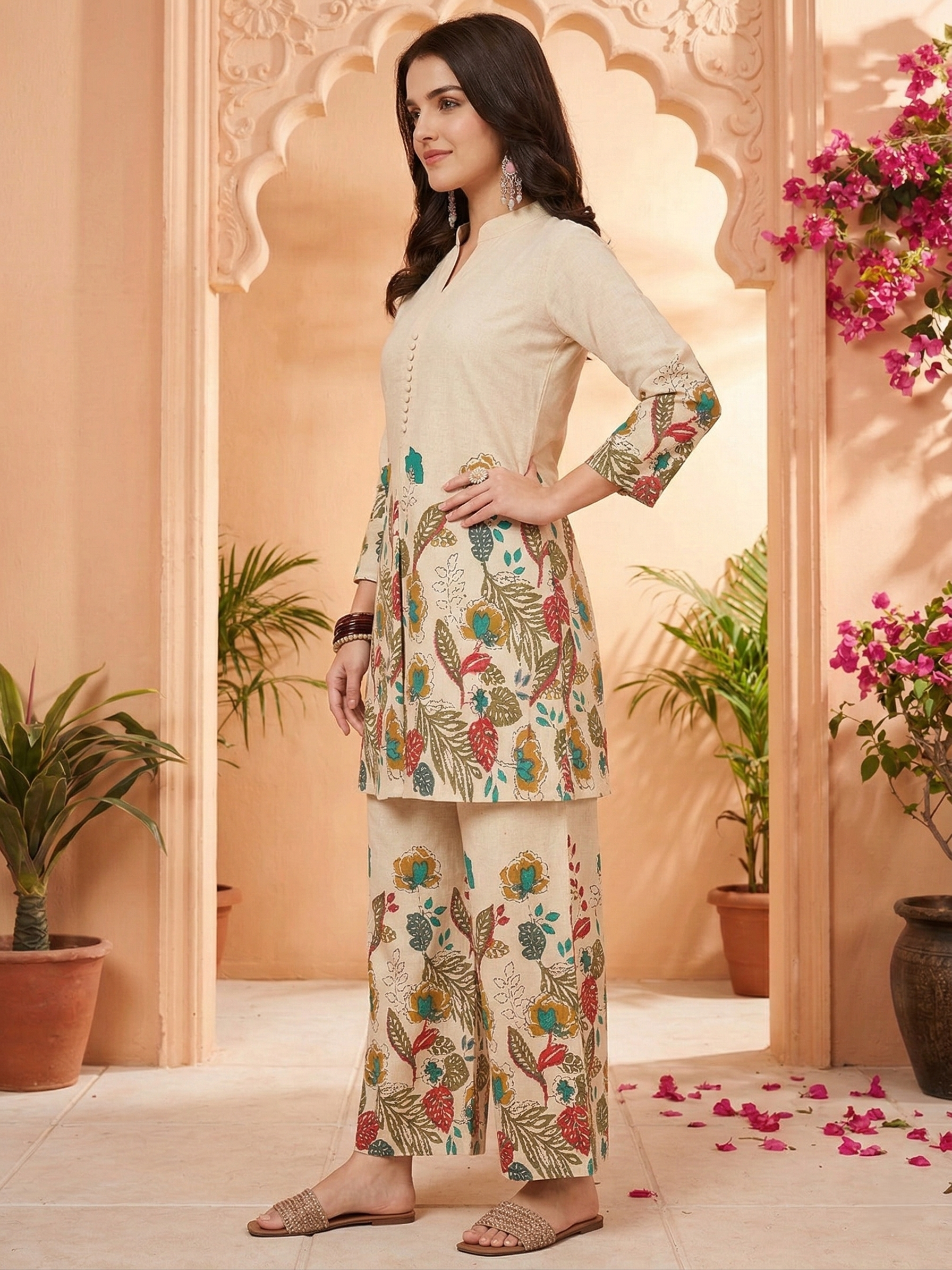 Women’s Cream Floral Printed Kurta Pant Co-ord Set