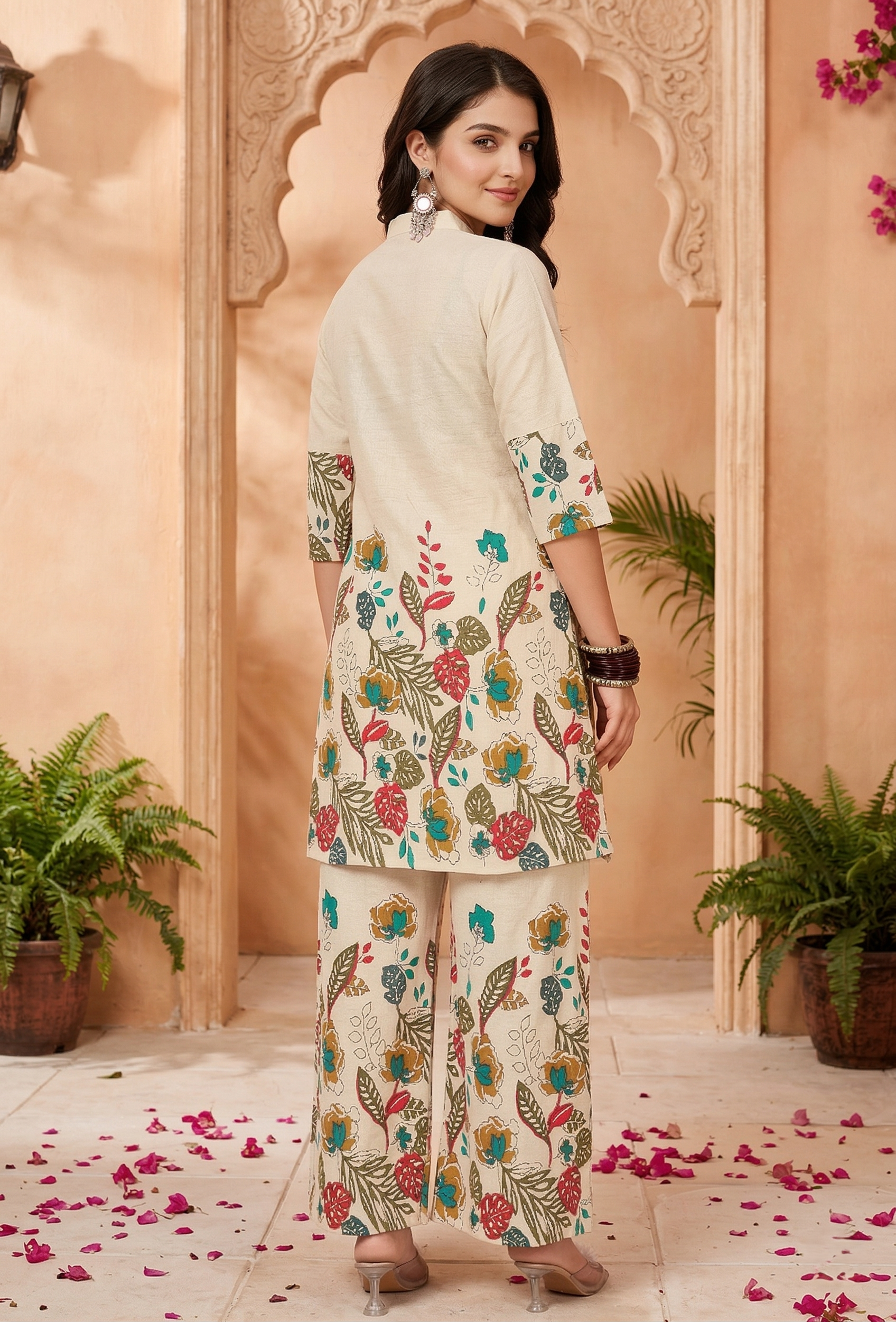 Women’s Cream Floral Printed Kurta Pant Co-ord Set