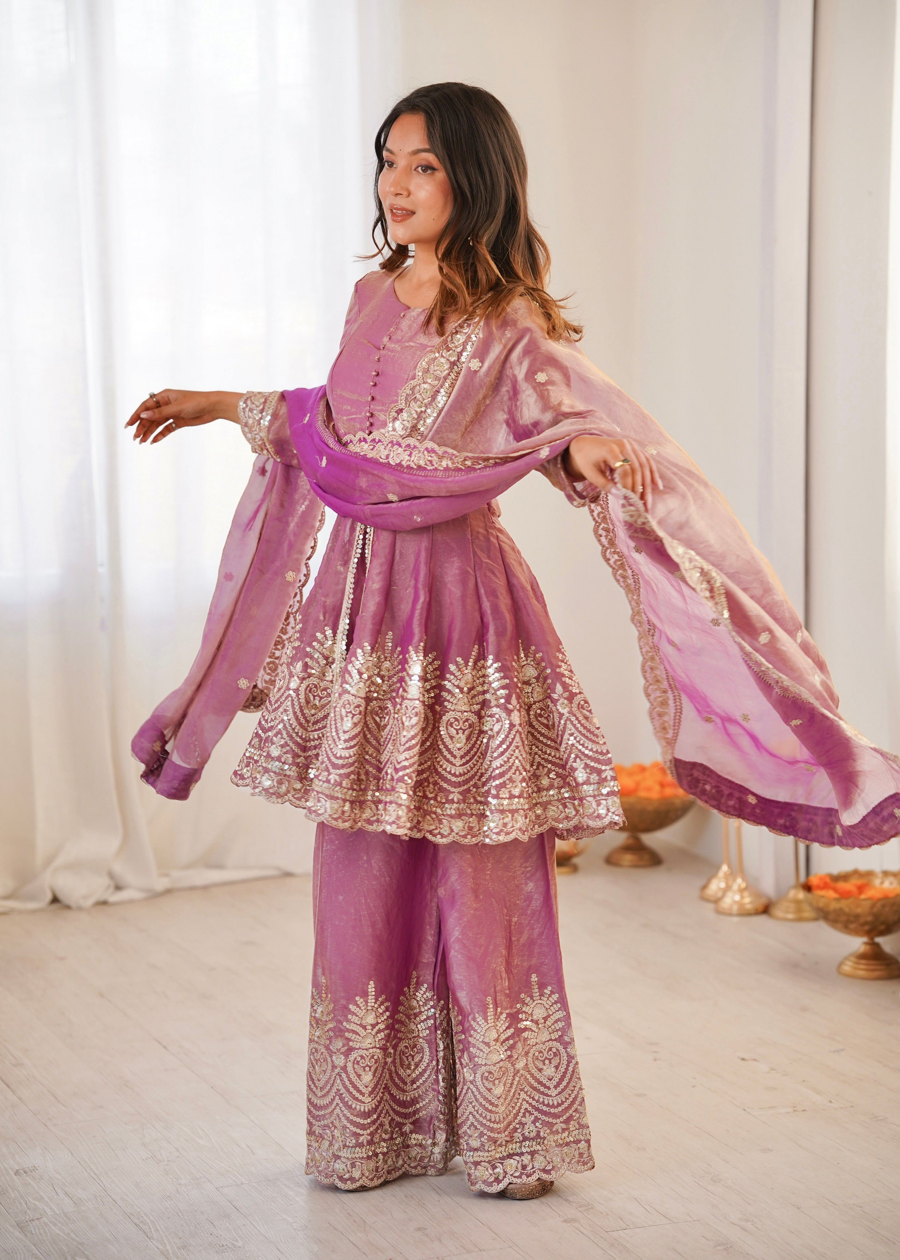 Women's Embroidered Palazzo Salwar Suit Set with Dupatta, Fendy Satin Silk, Sequin and Pearl Work, 3 Piece Ethnic Wear