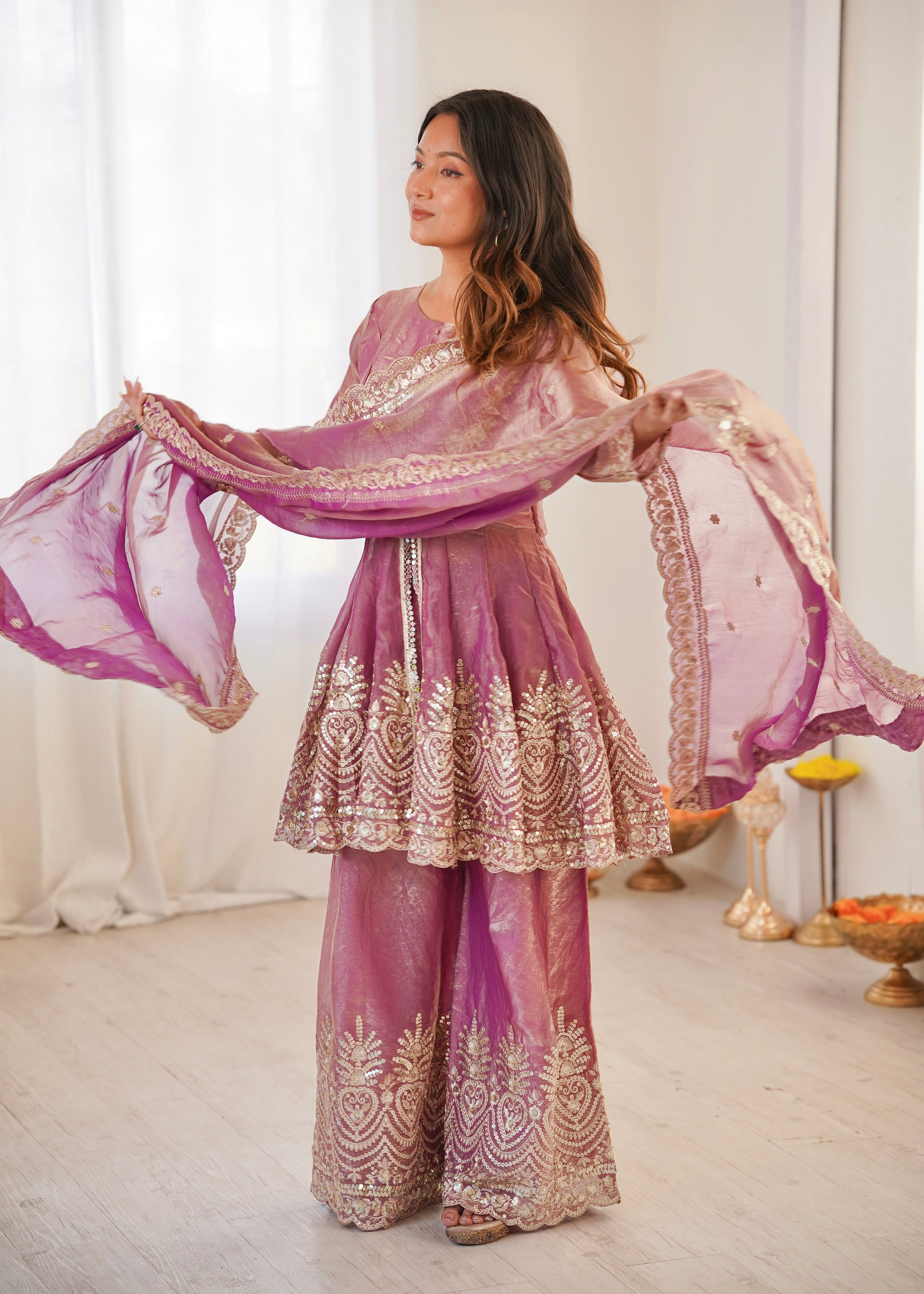Women's Embroidered Palazzo Salwar Suit Set with Dupatta, Fendy Satin Silk, Sequin and Pearl Work, 3 Piece Ethnic Wear