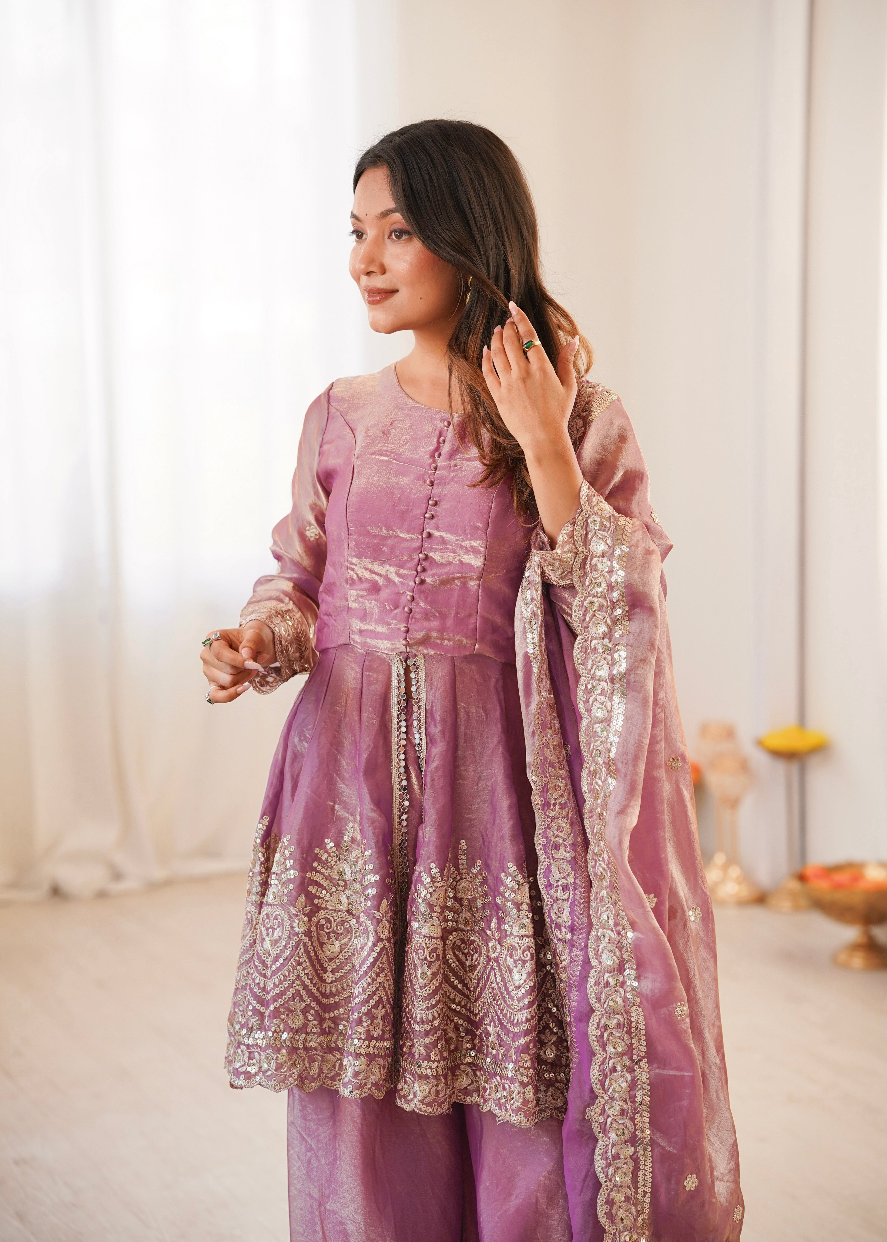 Women's Embroidered Palazzo Salwar Suit Set with Dupatta, Fendy Satin Silk, Sequin and Pearl Work, 3 Piece Ethnic Wear