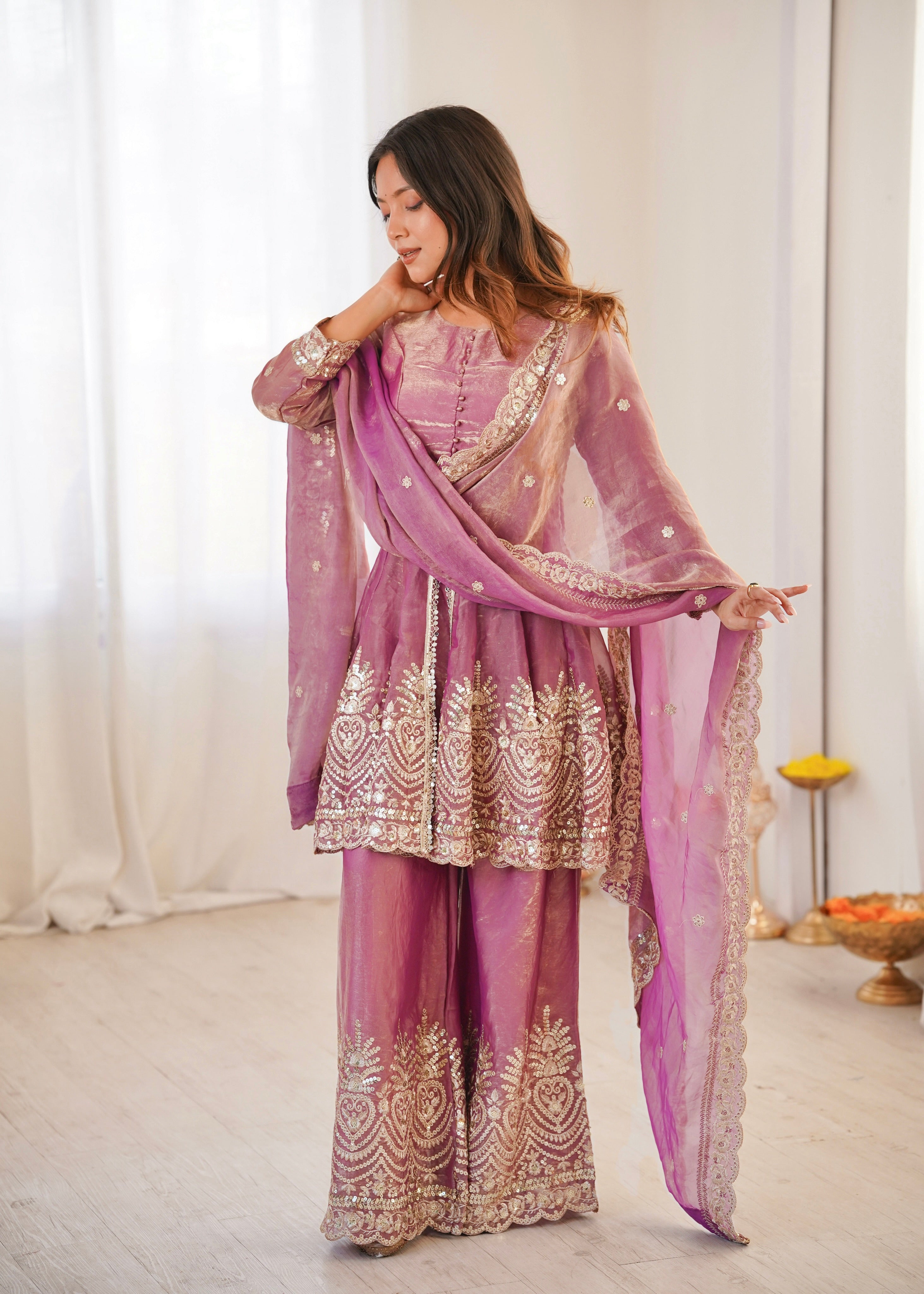 Women's Embroidered Palazzo Salwar Suit Set with Dupatta, Fendy Satin Silk, Sequin and Pearl Work, 3 Piece Ethnic Wear