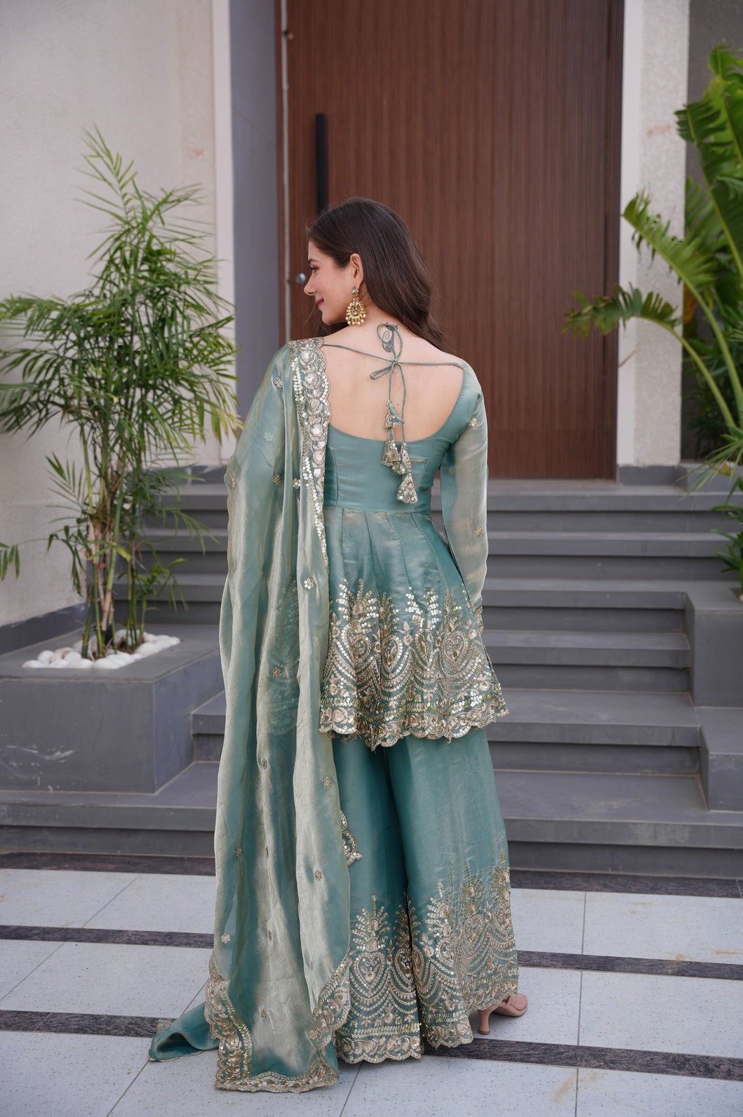 Women's Embroidered Palazzo Salwar Suit Set with Dupatta, Fendy Satin Silk, Sequin and Pearl Work, 3 Piece Ethnic Wear
