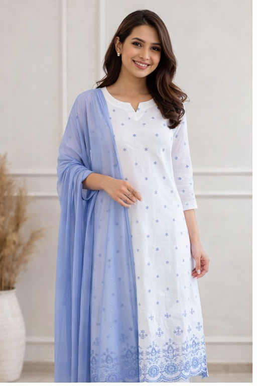 Women’s White & Blue Printed Kurta Set with Dupatta | Elegant Ethnic Wear for Daily & Festive Use