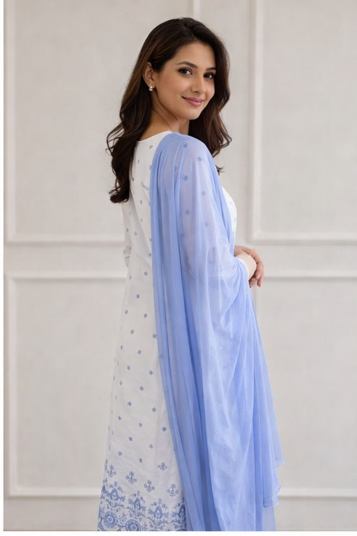 Women’s White & Blue Printed Kurta Set with Dupatta | Elegant Ethnic Wear for Daily & Festive Use